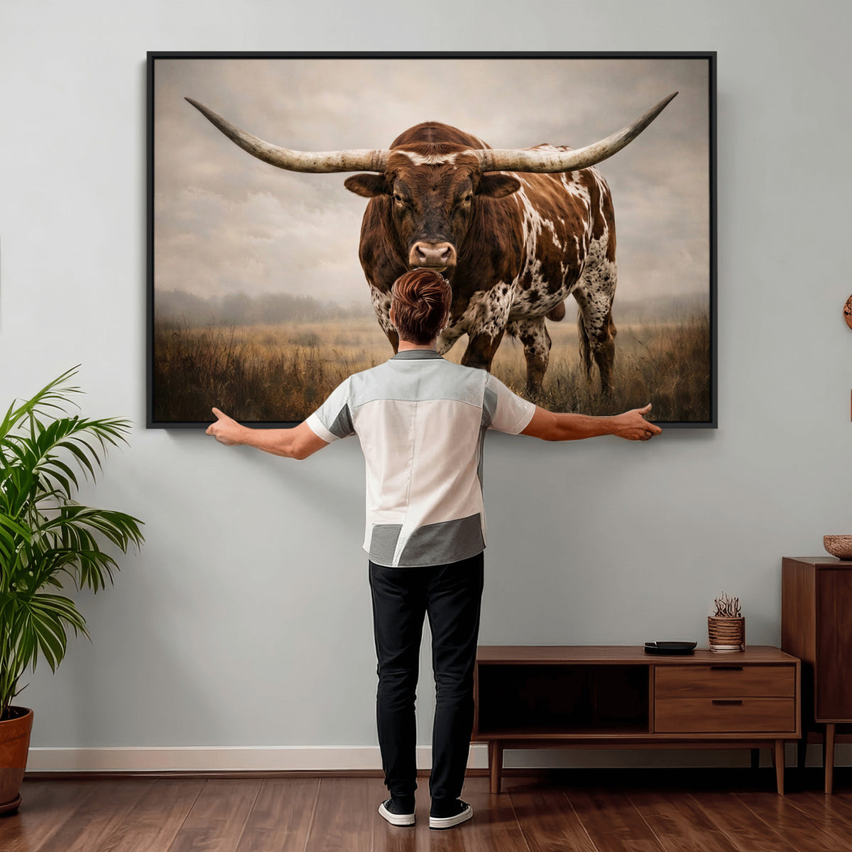 25239047A-MGV-CV-36X24 - Texas Longhorn Canvas Wall Art Western Bull Desert Moody Grey Overcast Rustic Farmhouse Framed Large for Living Room Bedroom Office Decor