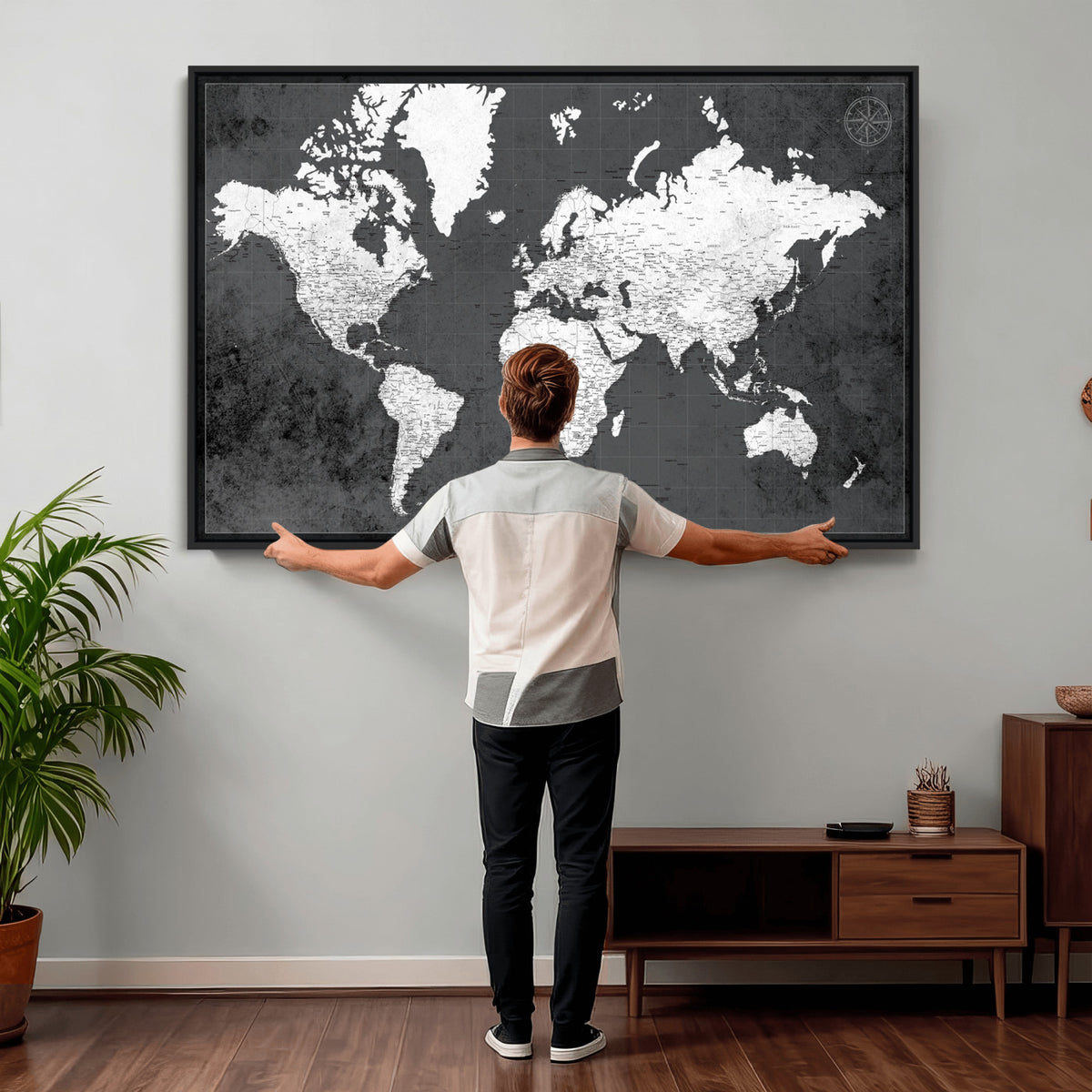 78574966-MGV-CV-36X24 - Extra Large Framed Personalize Push Pin World Map Wall Art Canvas Print for Travel Tracking