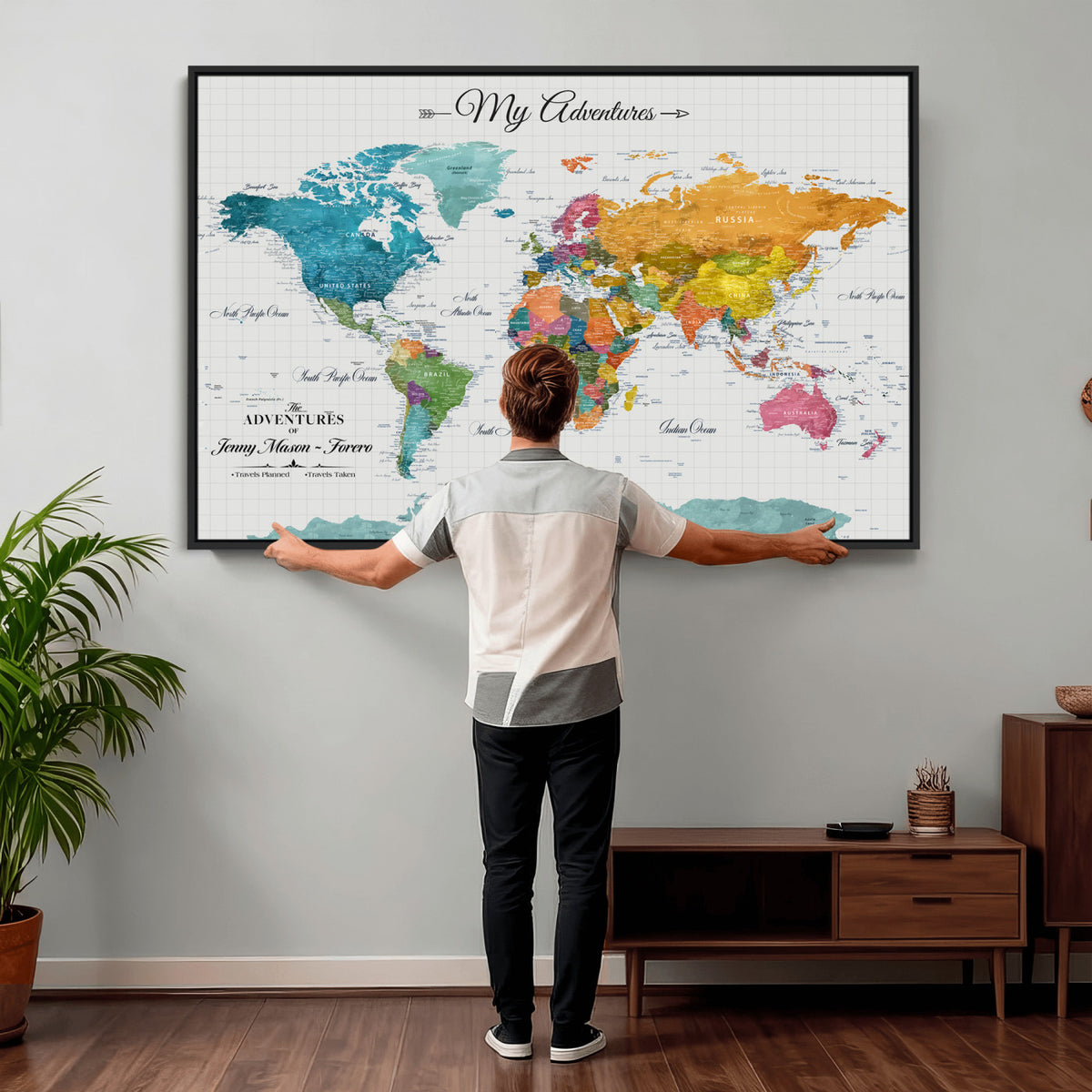 66743043-MGV-CV-36X24 - Extra Large Framed Personalize Push Pin World Map Wall Art Canvas Print for Travel Tracking