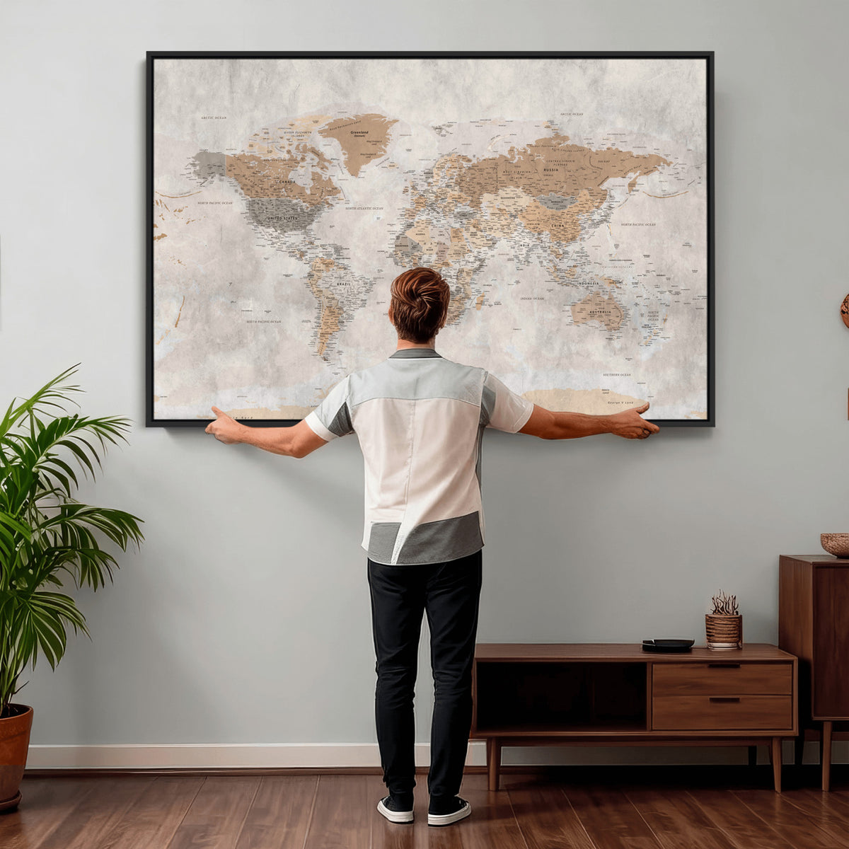18074626DD-MGV-CV-36X24 - Extra Large Framed Personalize Push Pin World Map Wall Art Canvas Print for Travel Tracking NEWMAP - 009