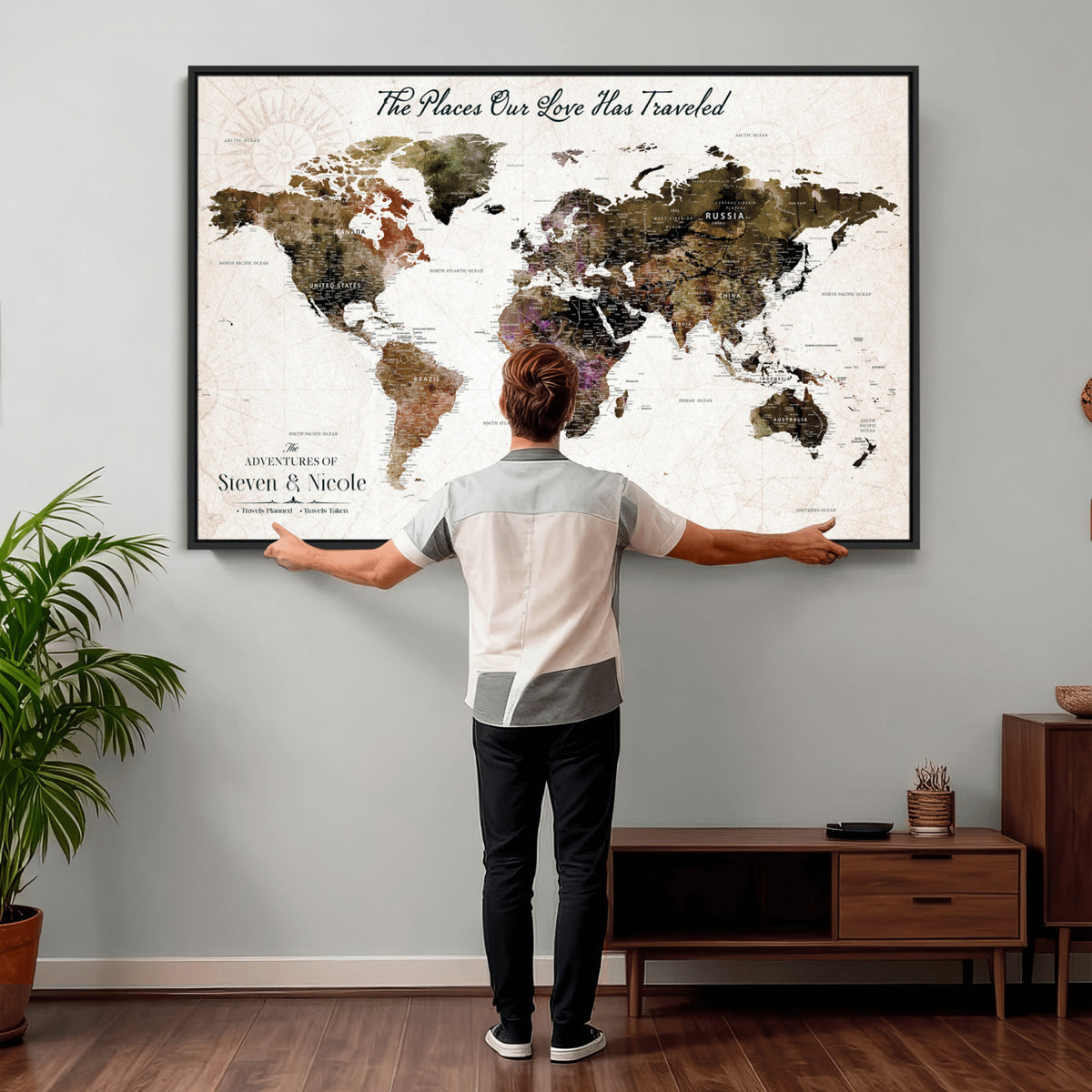 18074626D3D-MGV-CV-36X24 - Extra Large Framed Personalize Push Pin World Map Wall Art Canvas Print for Travel Tracking NEWMAP - 015