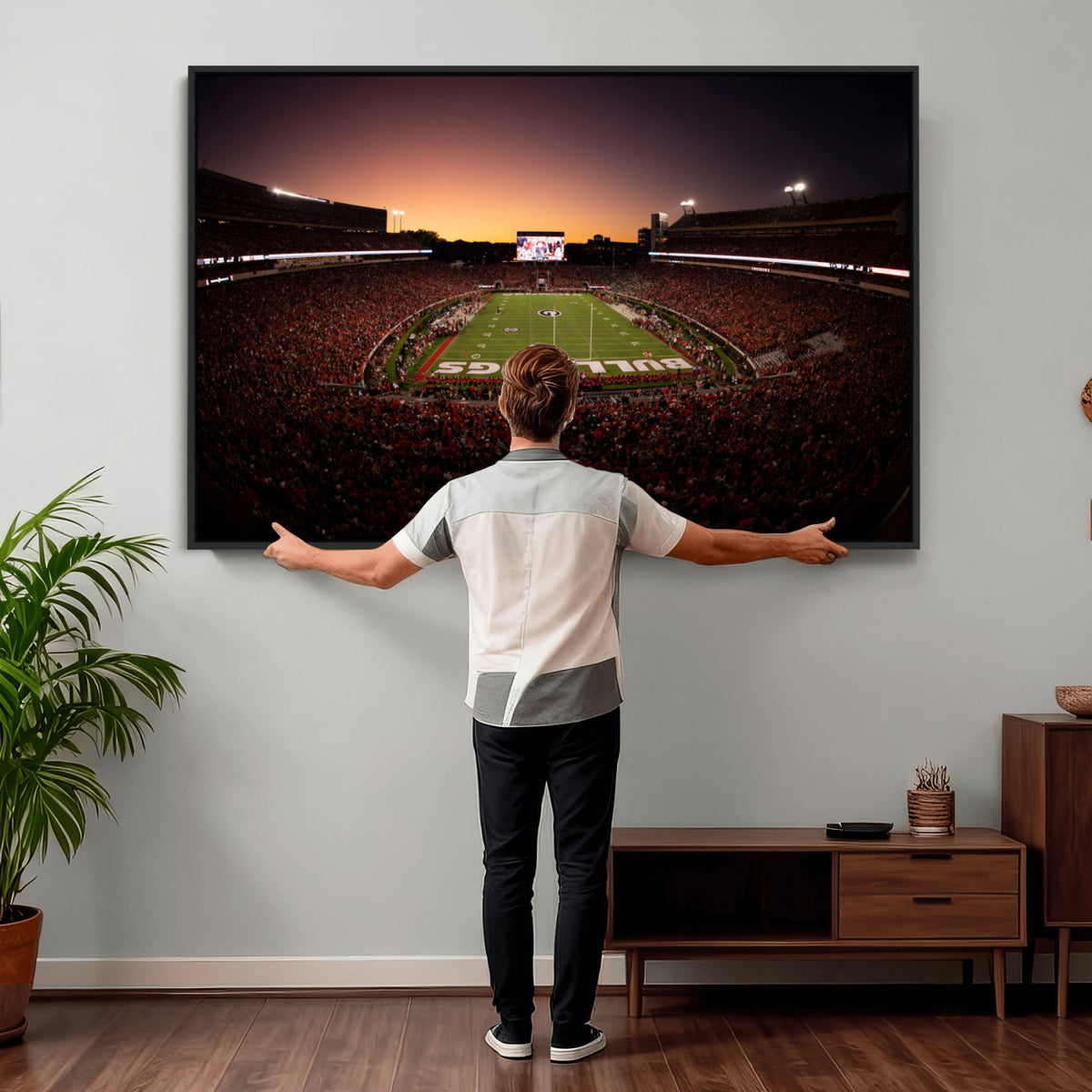 97720998-_Poster-30x20 - Georgia Bulldogs Stadium Sunset Canvas Print 3 Piece Framed Wall Art Extra Large Floating Frame Sports Poster Made in USA