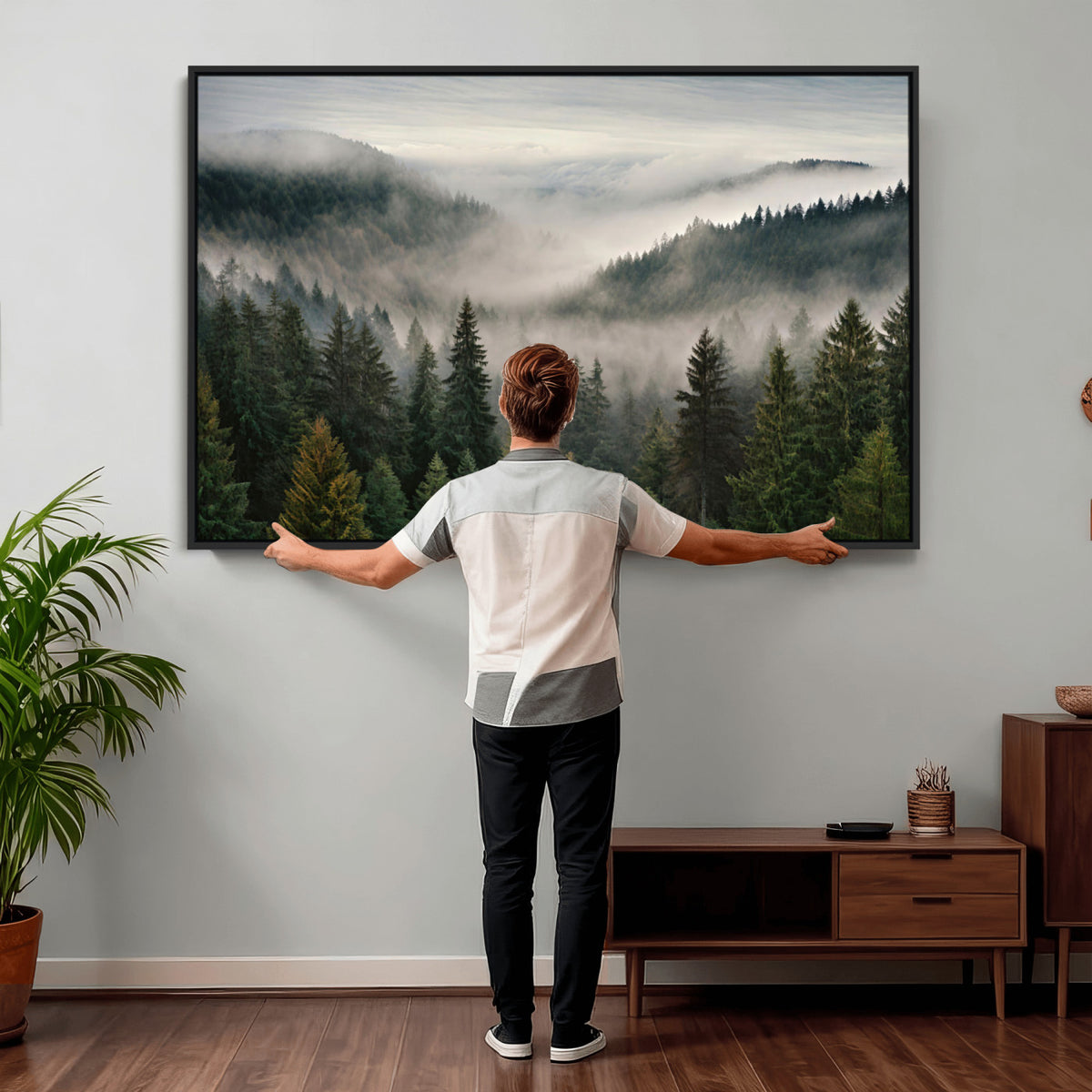38409495-_Poster-30x20 - Misty Pine Valley Mountain Canvas Print 3 Piece Framed Wall Art Extra Large Floating Frame Nature Poster Made in USA