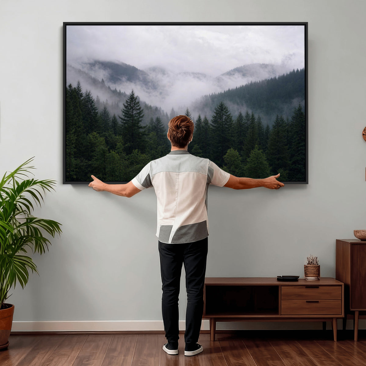 25432119-_Poster-30x20 - Misty Mountain Pine Forest Canvas Print 3 Piece Framed Wall Art Extra Large Floating Frame Nature Poster Made in USA