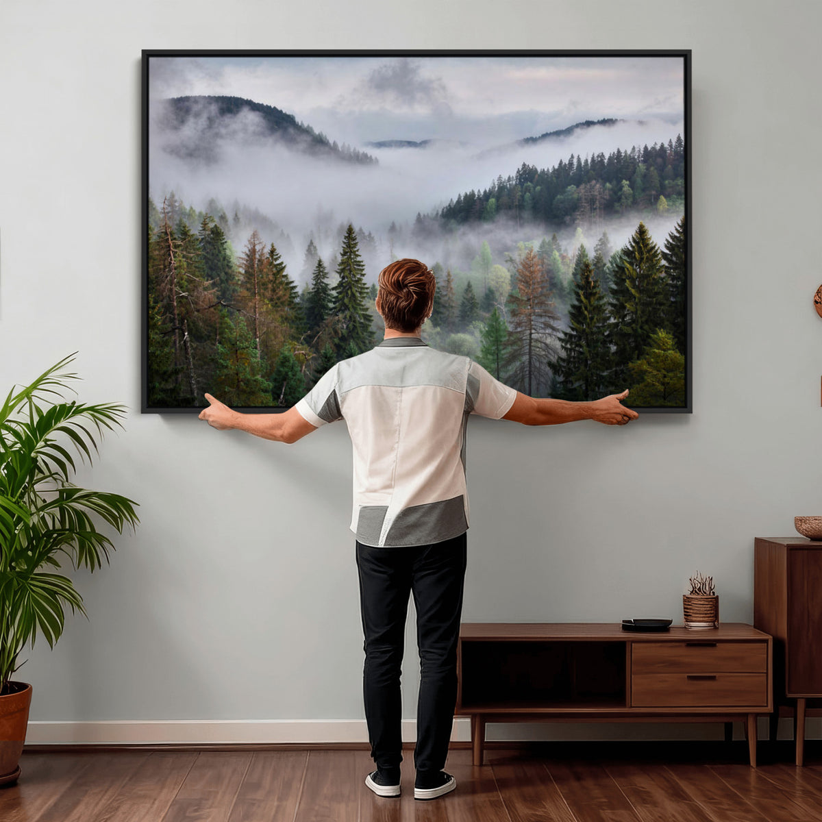 18735847-_Poster-30x20 - Foggy Pine Forest Mountain Canvas Print 3 Piece Framed Wall Art Extra Large Floating Frame Nature Poster Made in USA