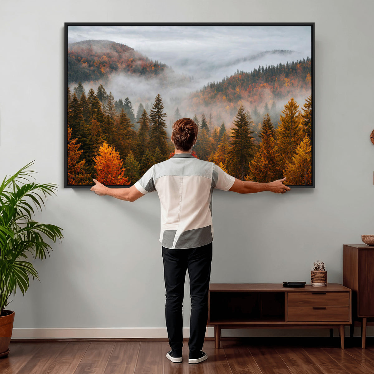 87481341-_Poster-30x20 - Foggy Autumn Mountain Canvas Print Smoky Pine Forest Wall Art Panoramic Nature Poster 3 Piece Made in USA
