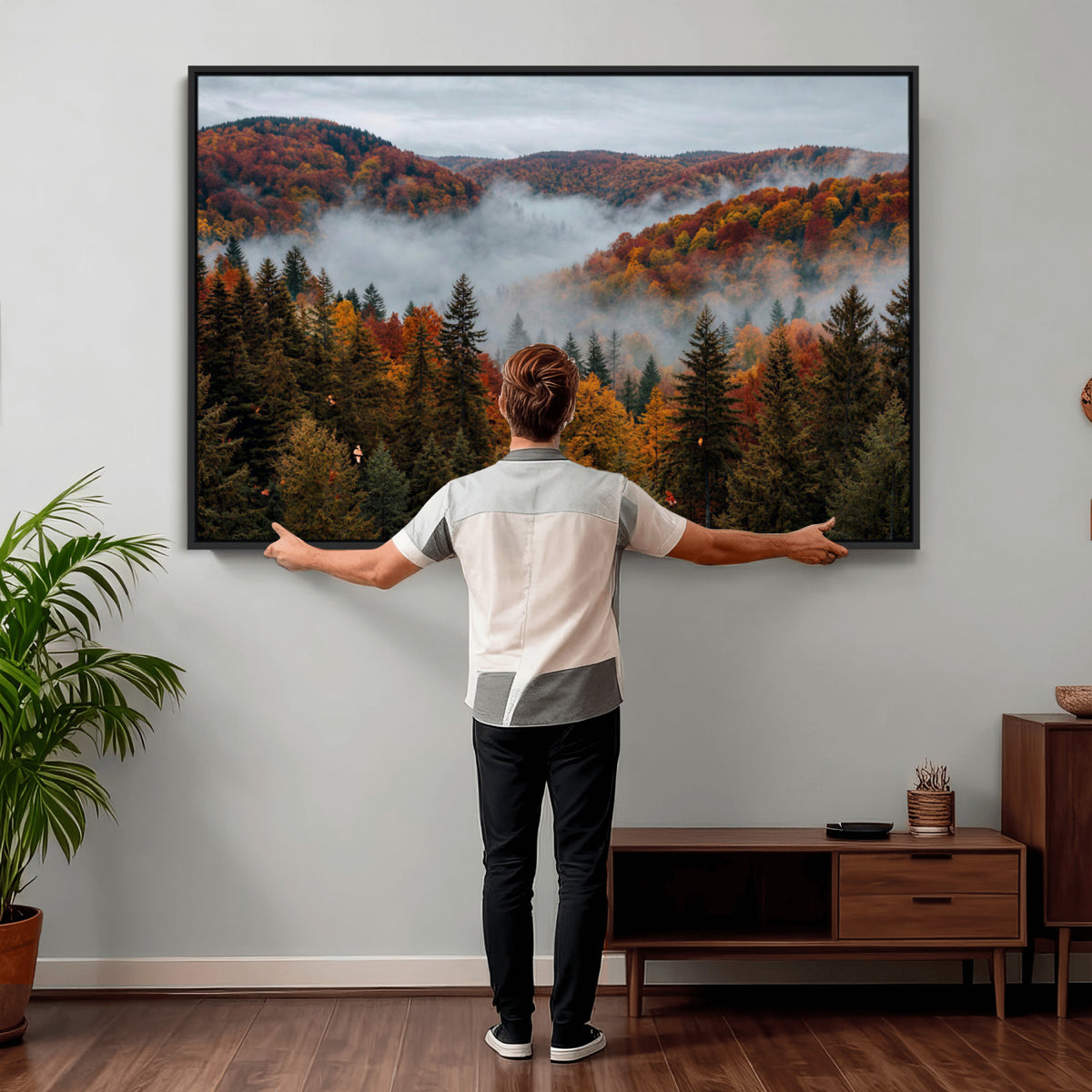 26686263-_Poster-30x20 - Misty Autumn Forest Mountain Canvas Print 3 Panel Wall Art Gallery Wrapped Floating Frame Poster Made in USA