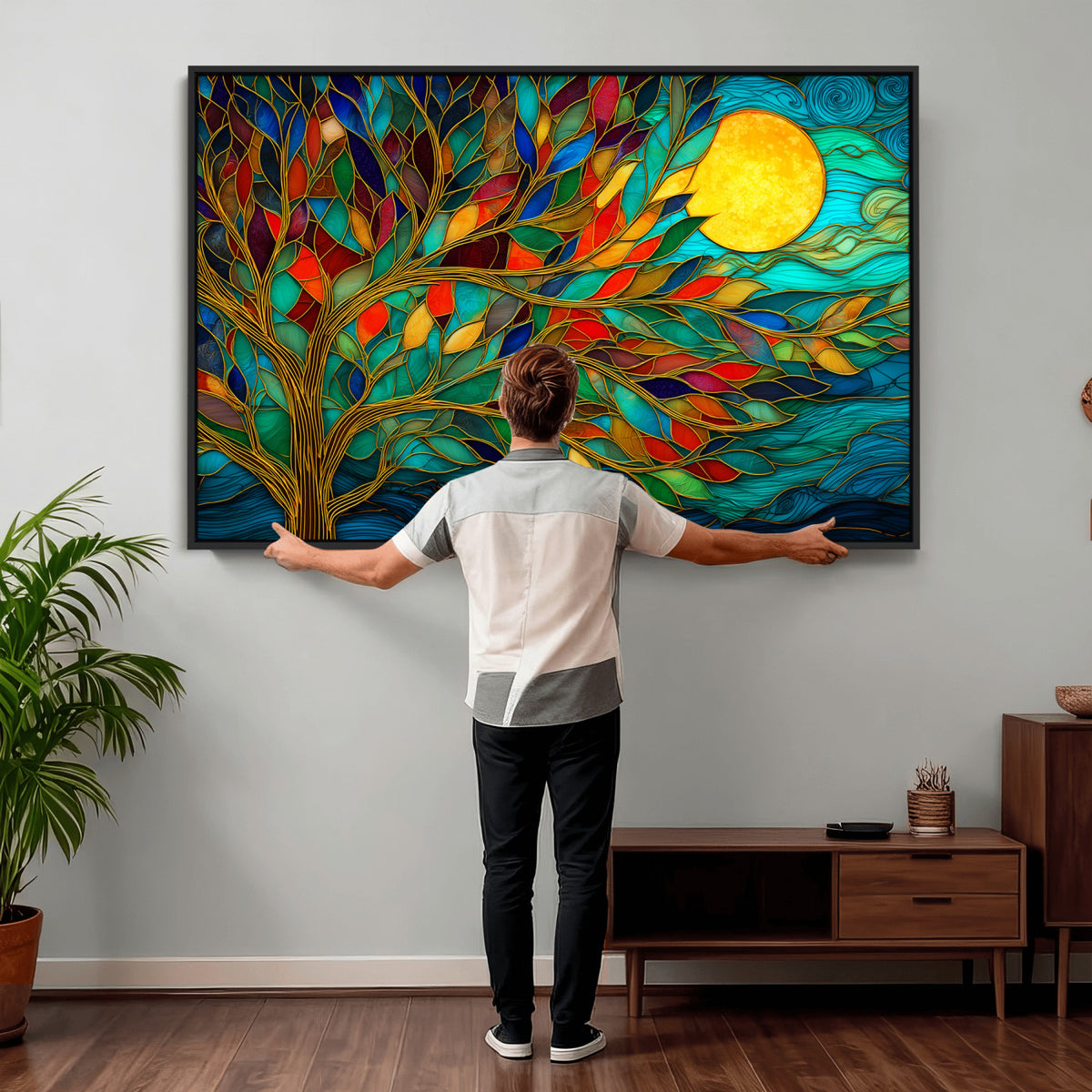 11877152-MGV-CV-36X24 - Stained Glass Tree Of Life Wall Art - Vibrant Mosaic Nature Home Decor