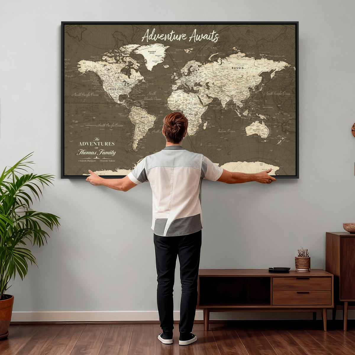 27762875D-MGV-CV-36X24 - Custom Push Pin World Map Wall Art Canvas Print | Personalized Travel Tracker with Pins Framed Large for Home and Office Decor