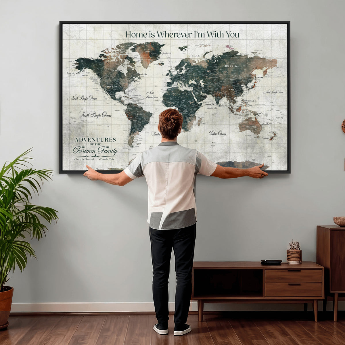 98050124D-MGV-CV-36X24 - Custom Push Pin World Map Wall Art Canvas Print | Personalized Travel Tracker with Pins Framed Large for Home and Office Decor