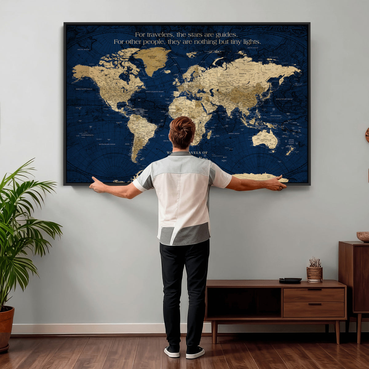 71667510D-MGV-CV-36X24 - Custom Push Pin World Map Wall Art Canvas Print | Personalized Travel Tracker with Pins Framed Large for Home and Office Decor