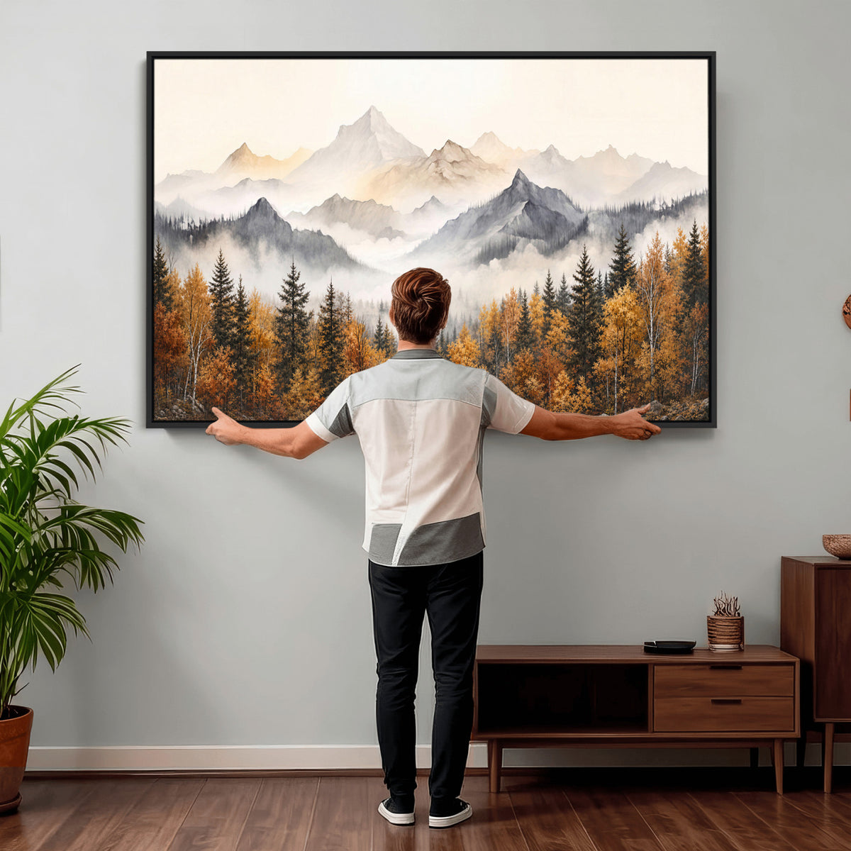 19544118-MGV-TP-30X20 - Misty Mountain Autumn Forest Canvas Wall Art - Watercolor Fall Nature Landscape Print