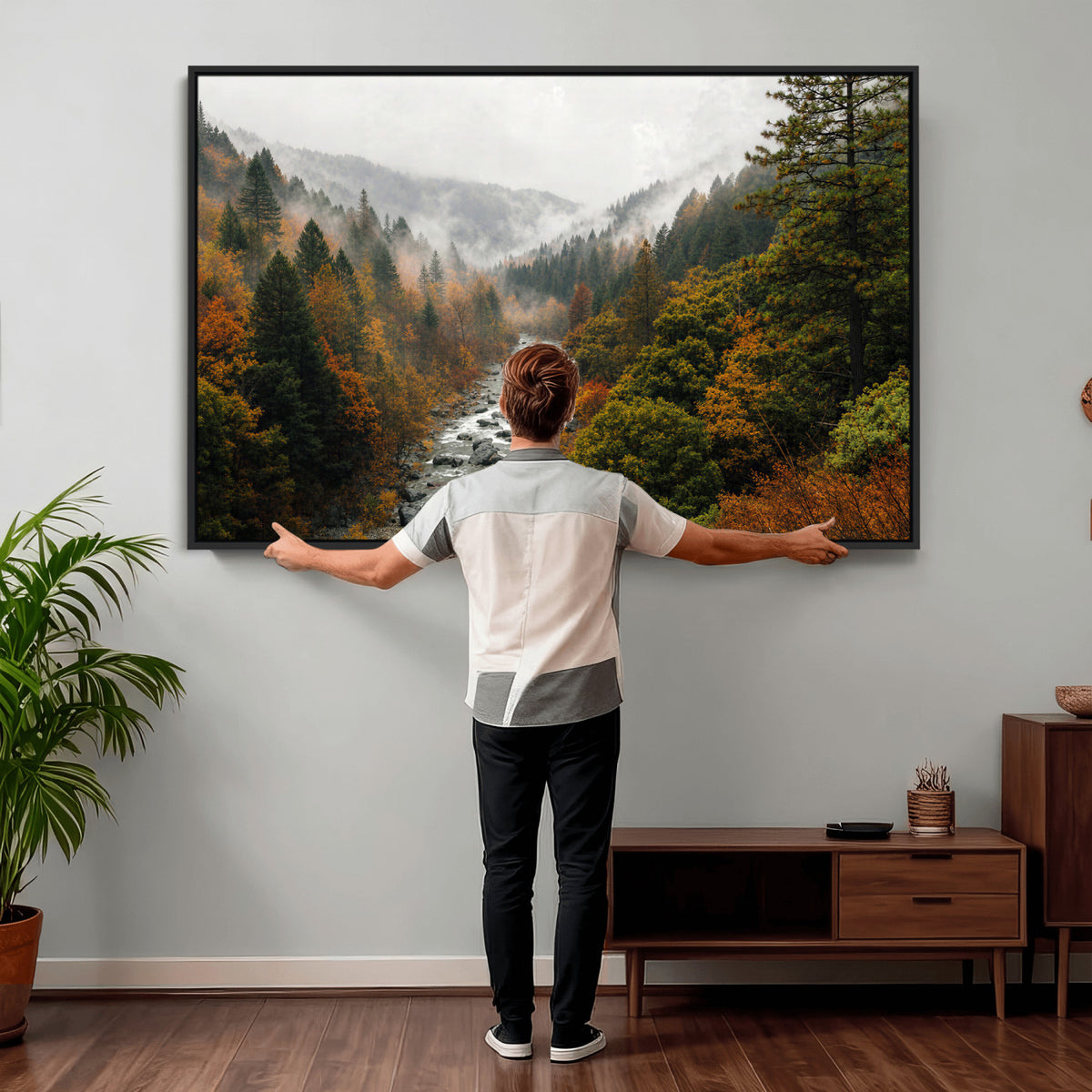 95540697-MGV-TP-30X20 - Misty River Mountain Valley Canvas Wall Art - Autumn Forest Landscape Nature Print