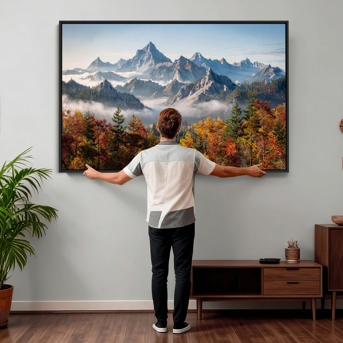 38847944-MGV-TP-30X20 - Majestic Mountain Peak Canvas Wall Art - Panoramic Autumn Forest Fog Landscape Print