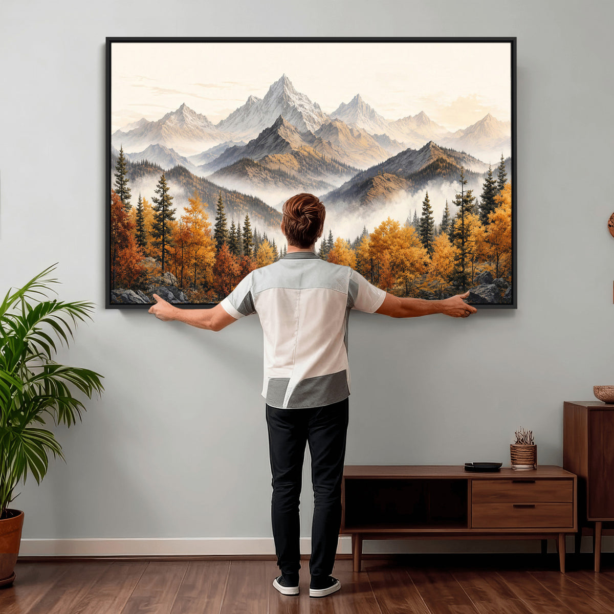 21309099-MGV-TP-30X20 - Extra Large Misty Mountain Autumn Forest Canvas Wall Art - Watercolor Fall Nature Landscape Print