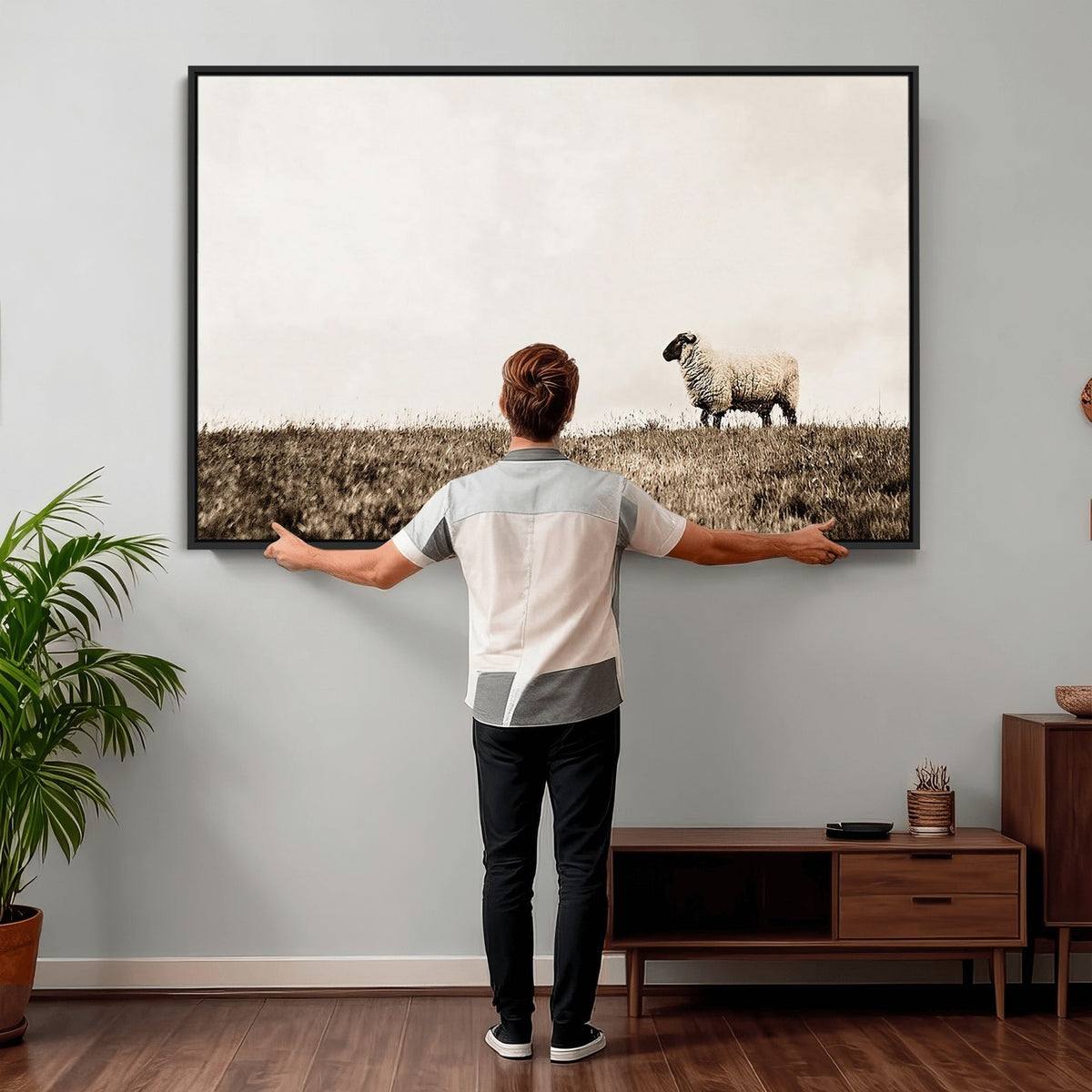 72749448-_Poster-30x20 - Minimalist Sepia Sheep Canvas Wall Art - Rustic Farmhouse Country Landscape Print