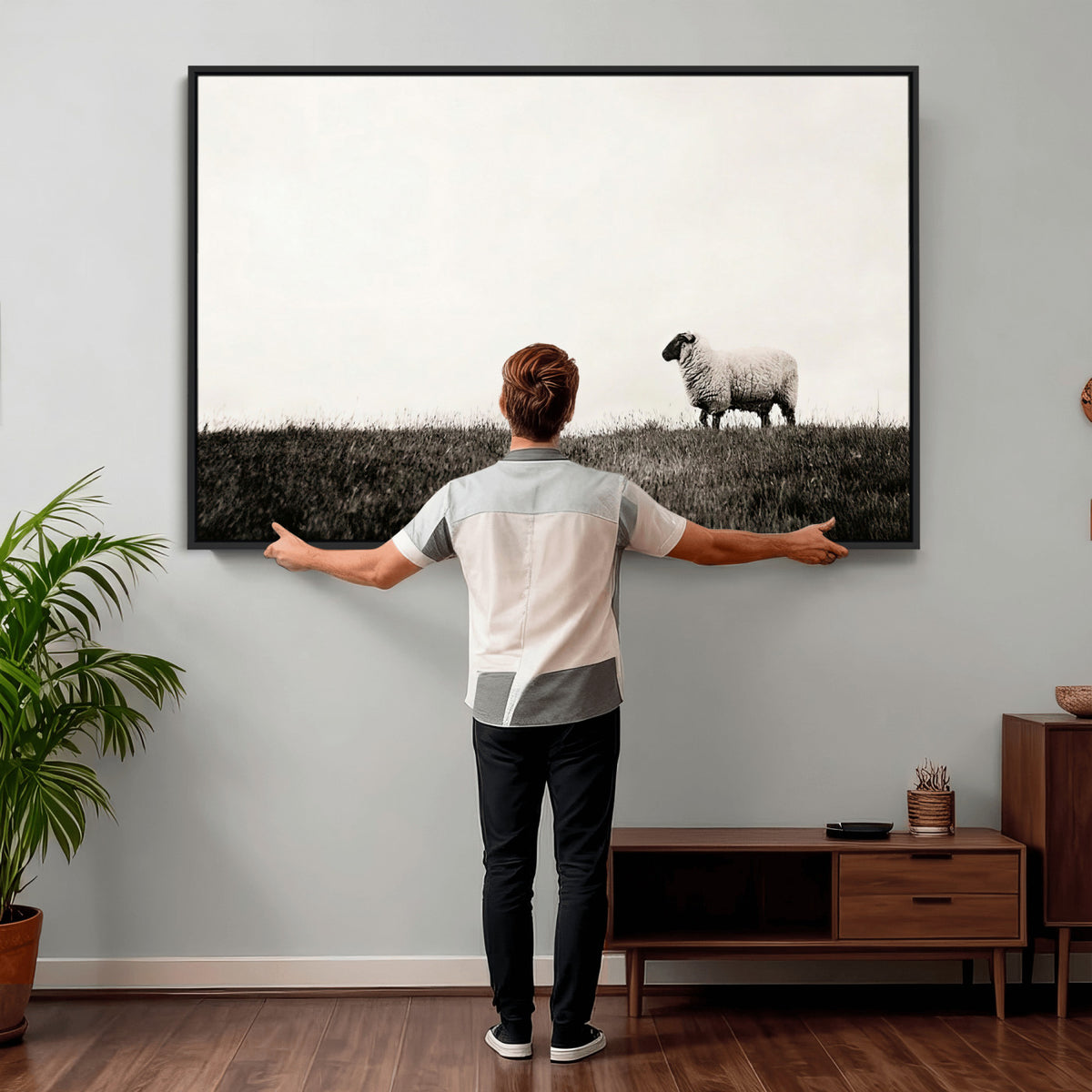 72749448-MGV-TP-30X20 - Minimalist Sepia Sheep Canvas Wall Art - Rustic Farmhouse Country Landscape Print