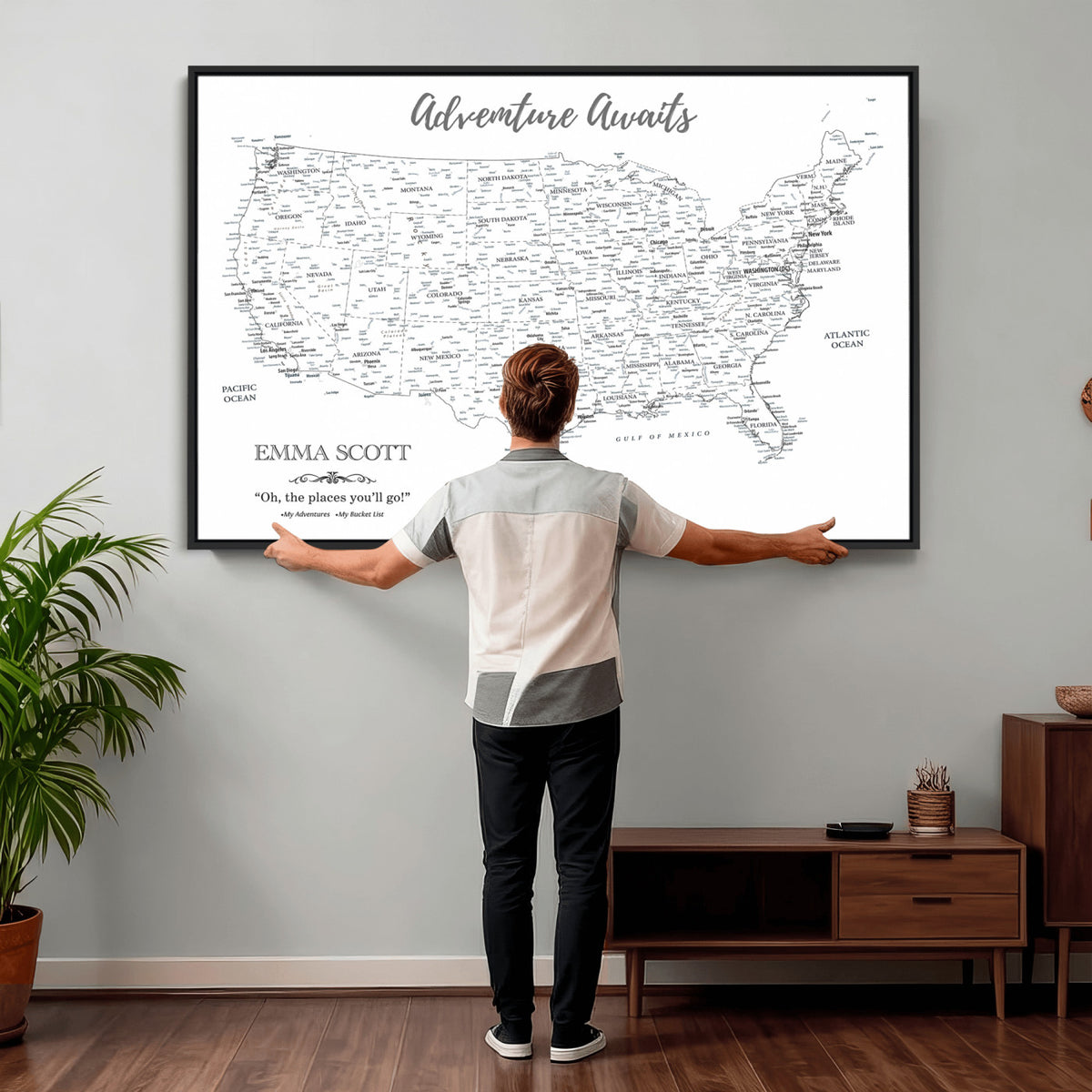 73634814-MGV-CV-36X24 - Custom USA Push Pin Travel Map Canvas Wall Art - Personalized Couples Gift Flat Digital Print
