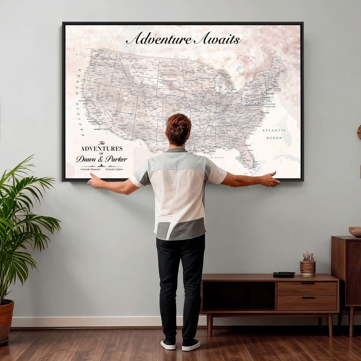 50687859-MGV-CV-36X24 - Custom USA Push Pin Travel Map Canvas Wall Art - Personalized Couples Gift Flat Digital Print