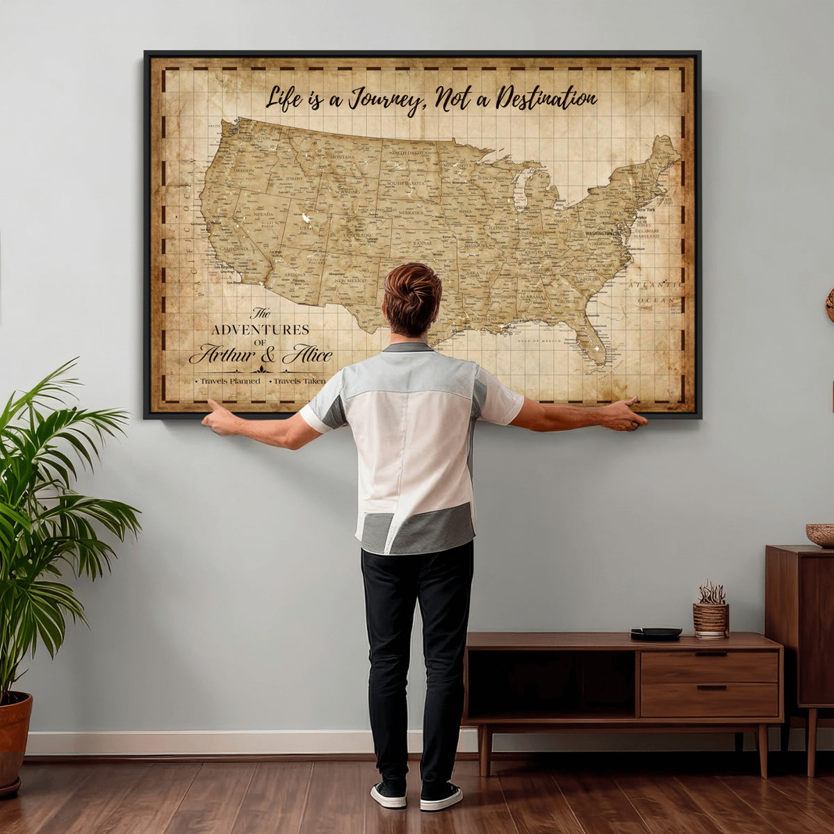 90686209-MGV-CV-36X24 - Custom USA Push Pin Travel Map Canvas Wall Art - Personalized Couples Gift Flat Digital Print