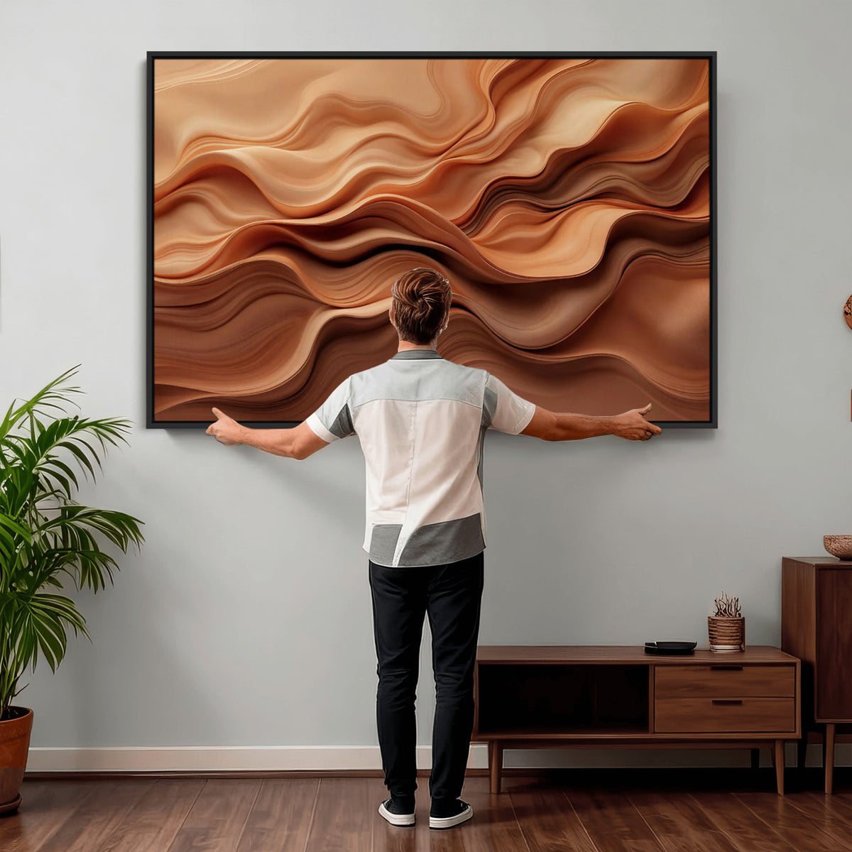 82230697-MGV-CV-36X24 - Modern Abstract Fluid Waves Canvas Wall Art - Minimalist Warm Terracotta Beige Sand Print