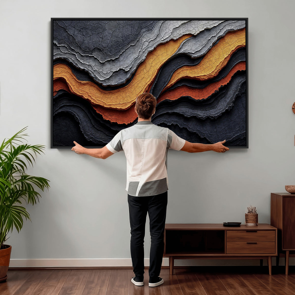 59852489-MGV-CV-36X24 - Abstract Waves Canvas Wall Art - Modern Terracotta and Charcoal Gray Print