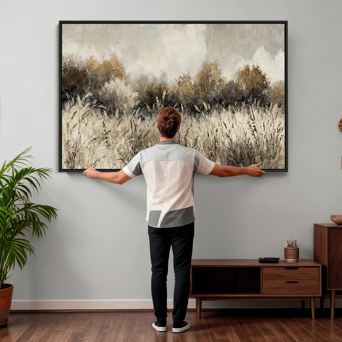 53959945-MGV-TP-30X20 - Muted Neutral Forest Landscape Canvas Wall Art - Vintage Rustic Wildflower Meadow Print