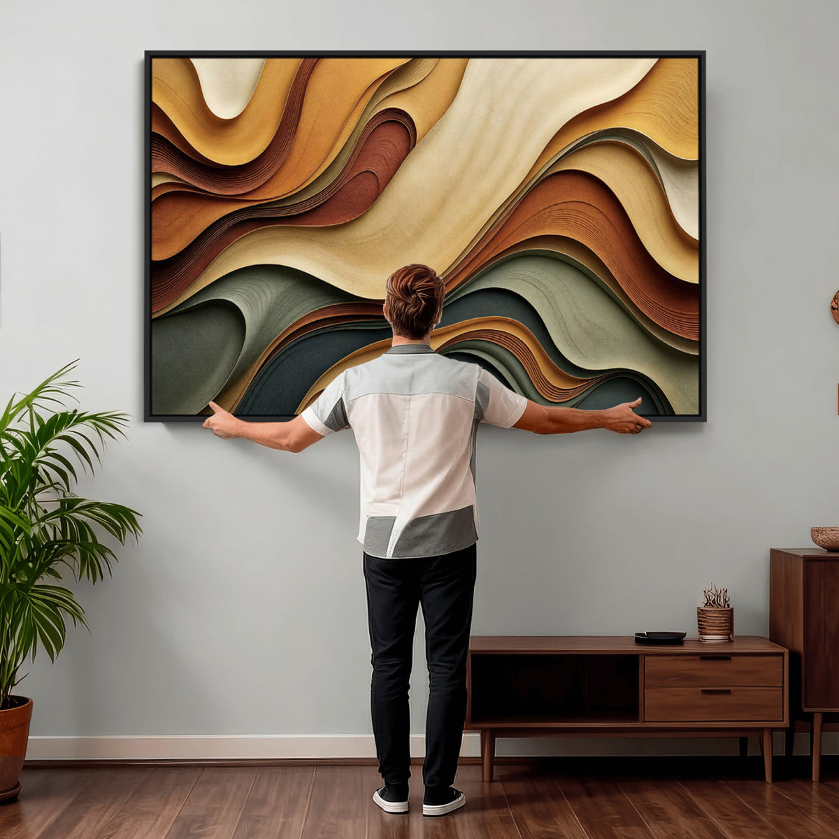 19337902-MGV-CV-36X24 - Modern Abstract Waves Canvas Wall Art - Minimalist Earthy Tone Living Room Decor