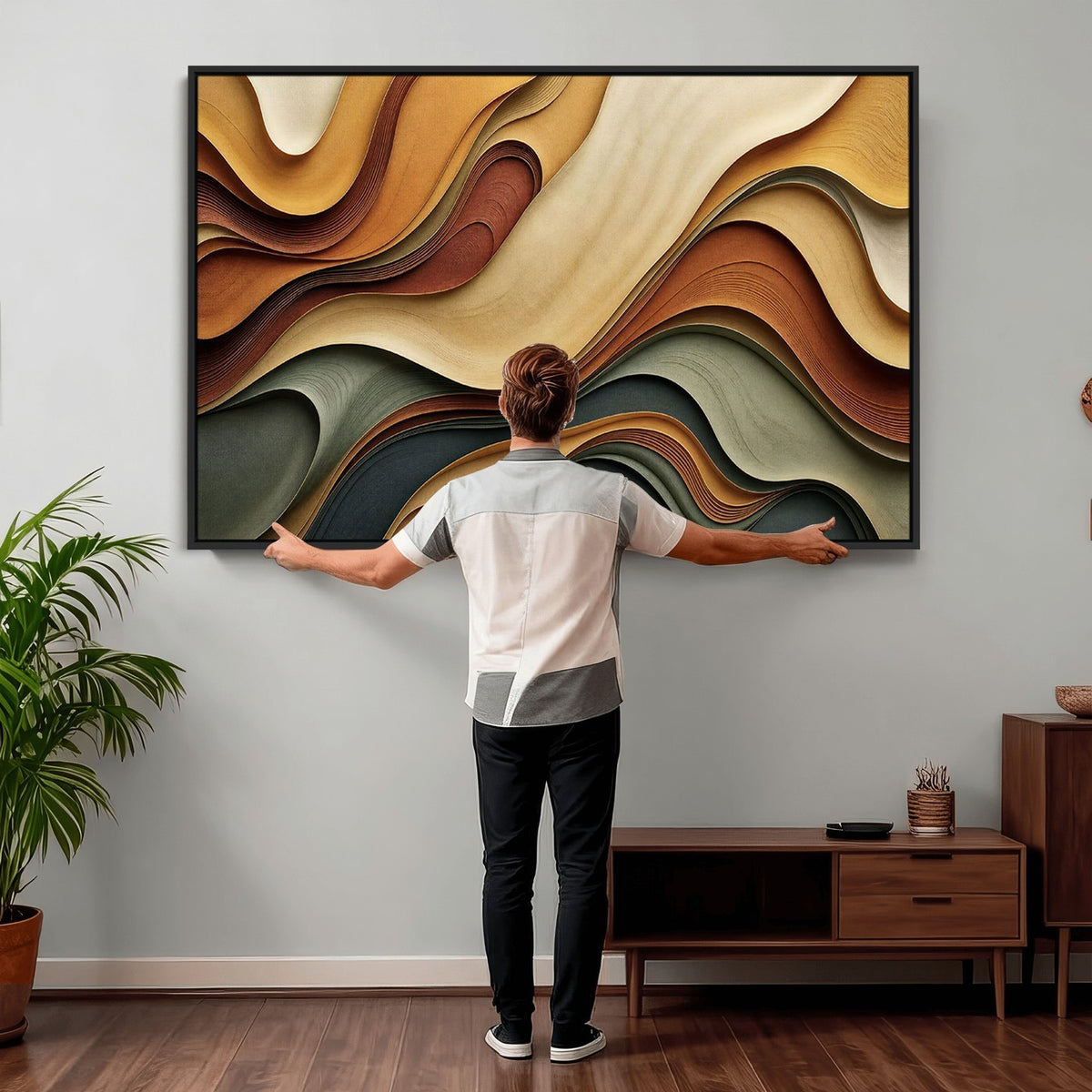 19337902-_Poster-30x20 - Modern Abstract Waves Canvas Wall Art - Minimalist Earthy Tone Living Room Decor