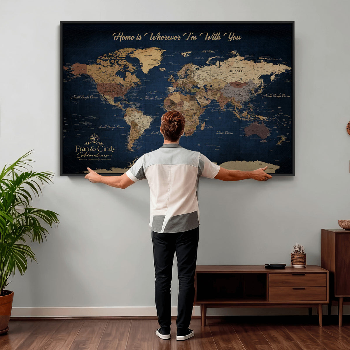 57774467-MGV-CV-36X24 - Custom Push Pin World Map Wall Art Canvas Print – Personalized Travel Tracker with Pins Framed Large for Home and Office Decor