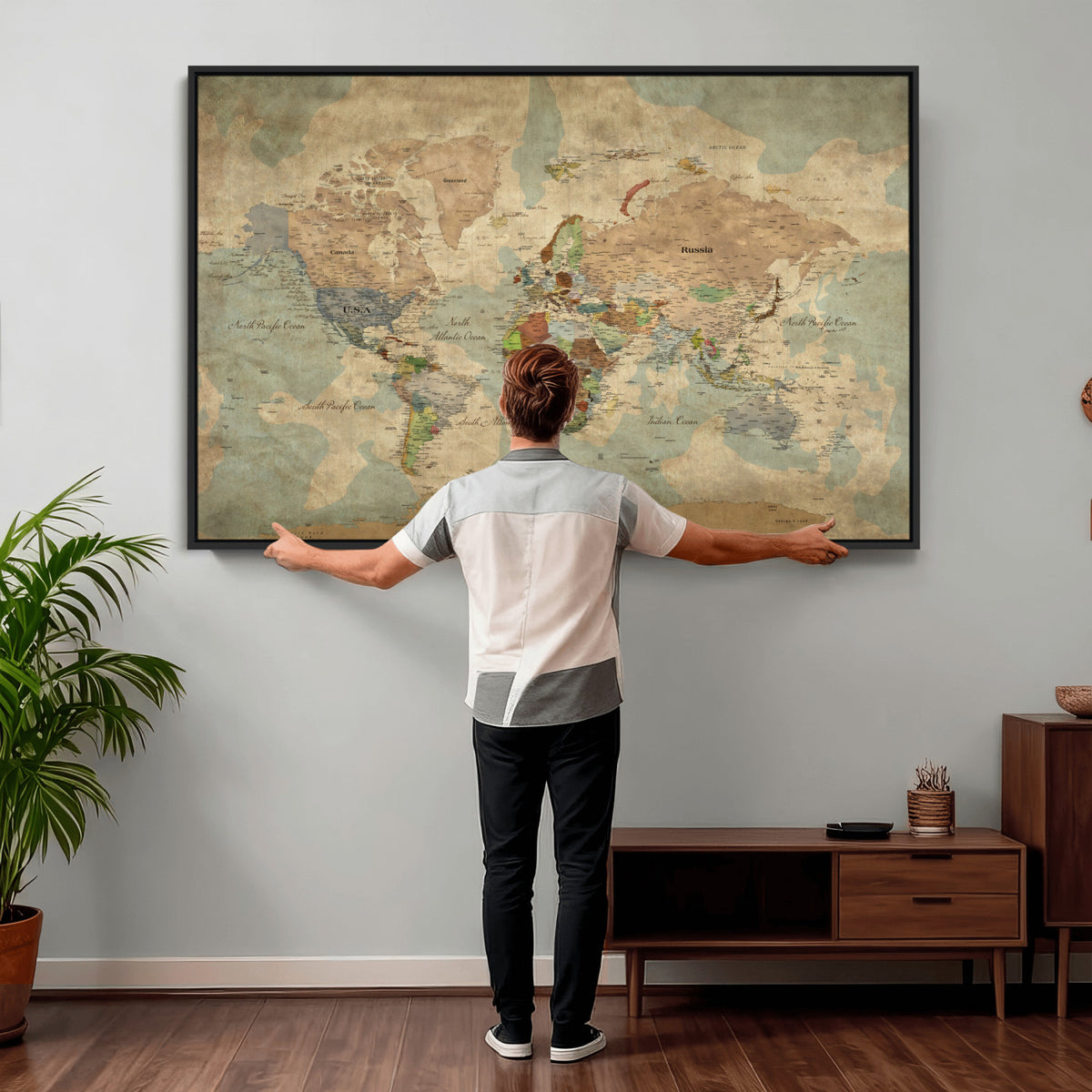 20795898D-MGV-CV-36X24 - Custom Push Pin World Map Wall Art Canvas Print – Personalized Travel Tracker with Pins Framed Large for Home and Office Decor