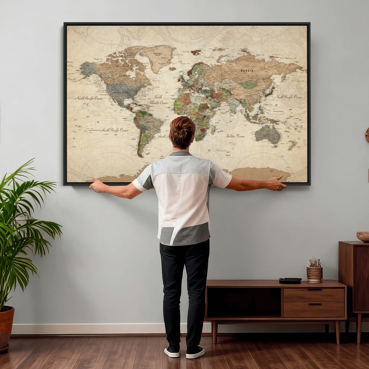 32749414D-MGV-CV-36X24 - Custom Push Pin World Map Wall Art Canvas Print – Personalized Travel Tracker with Pins Framed Large for Home and Office Decor