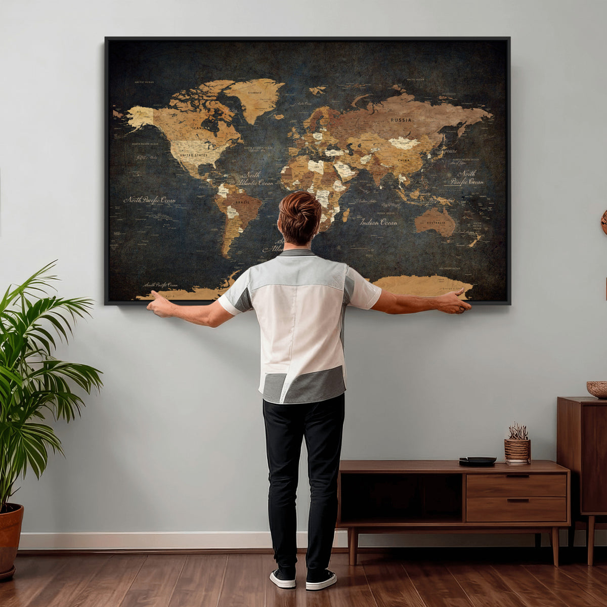 40660012D-MGV-CV-36X24 - Custom Push Pin World Map Wall Art Canvas Print – Personalized Travel Tracker with Pins Framed Large for Home and Office Decor