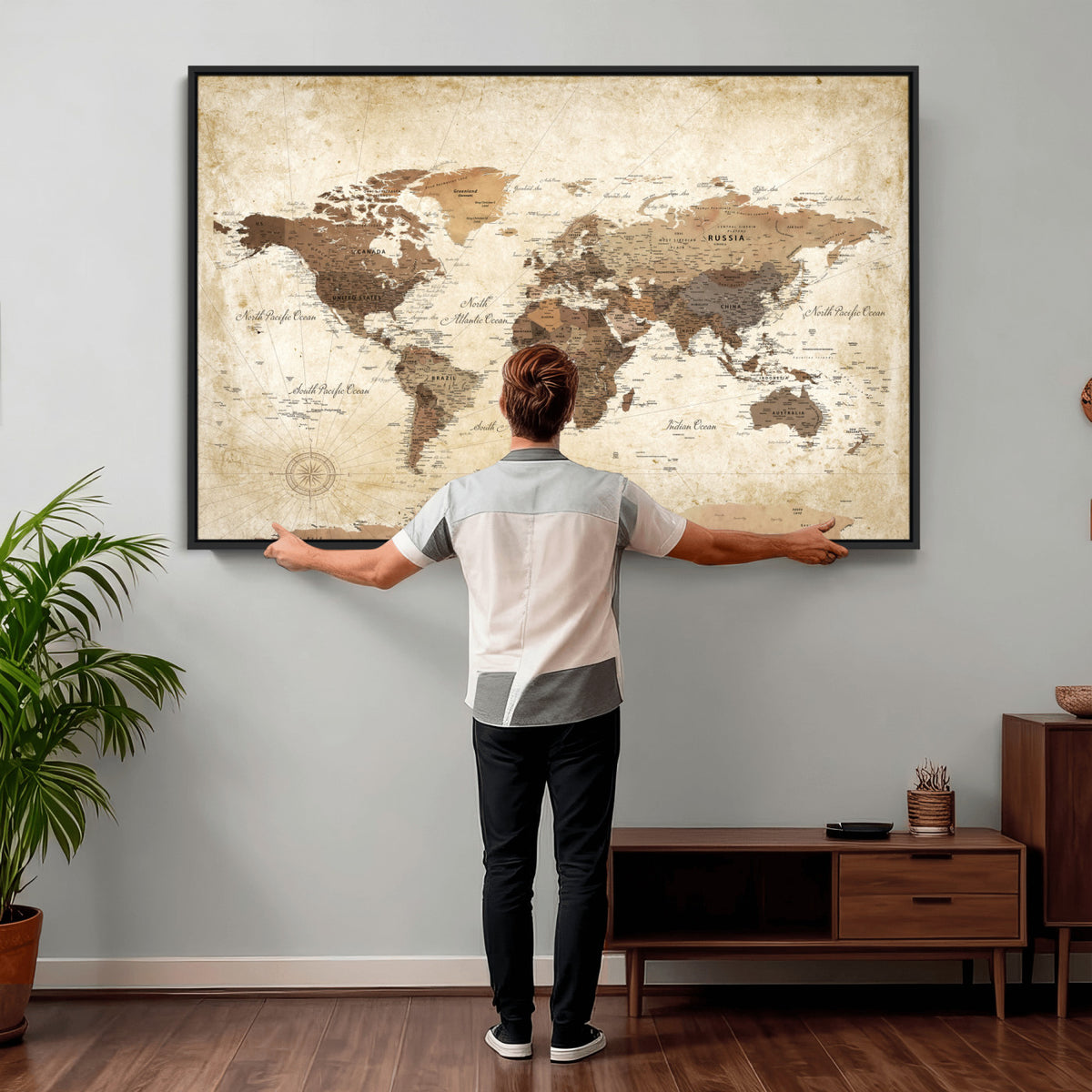 69154703D-MGV-CV-36X24 - Custom Push Pin World Map Wall Art Canvas Print – Personalized Travel Tracker with Pins Framed Large for Home and Office Decor