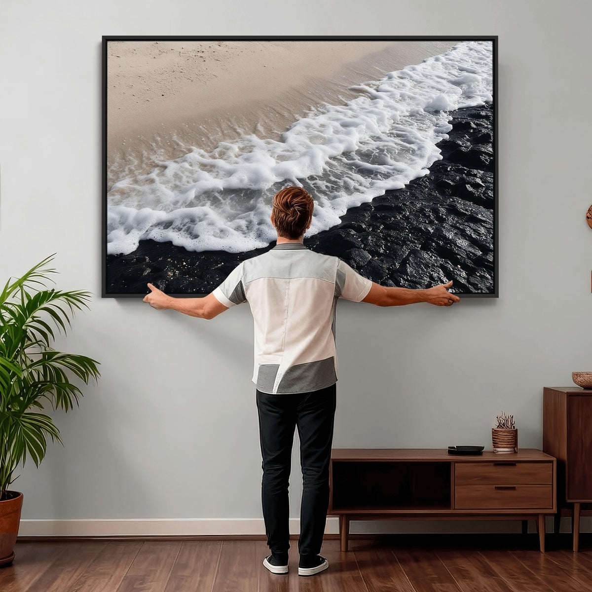 27448606-MGV-CV-24X16 - Ocean Wave Foam on Black Lava Rock Beach Canvas Wall Art Print