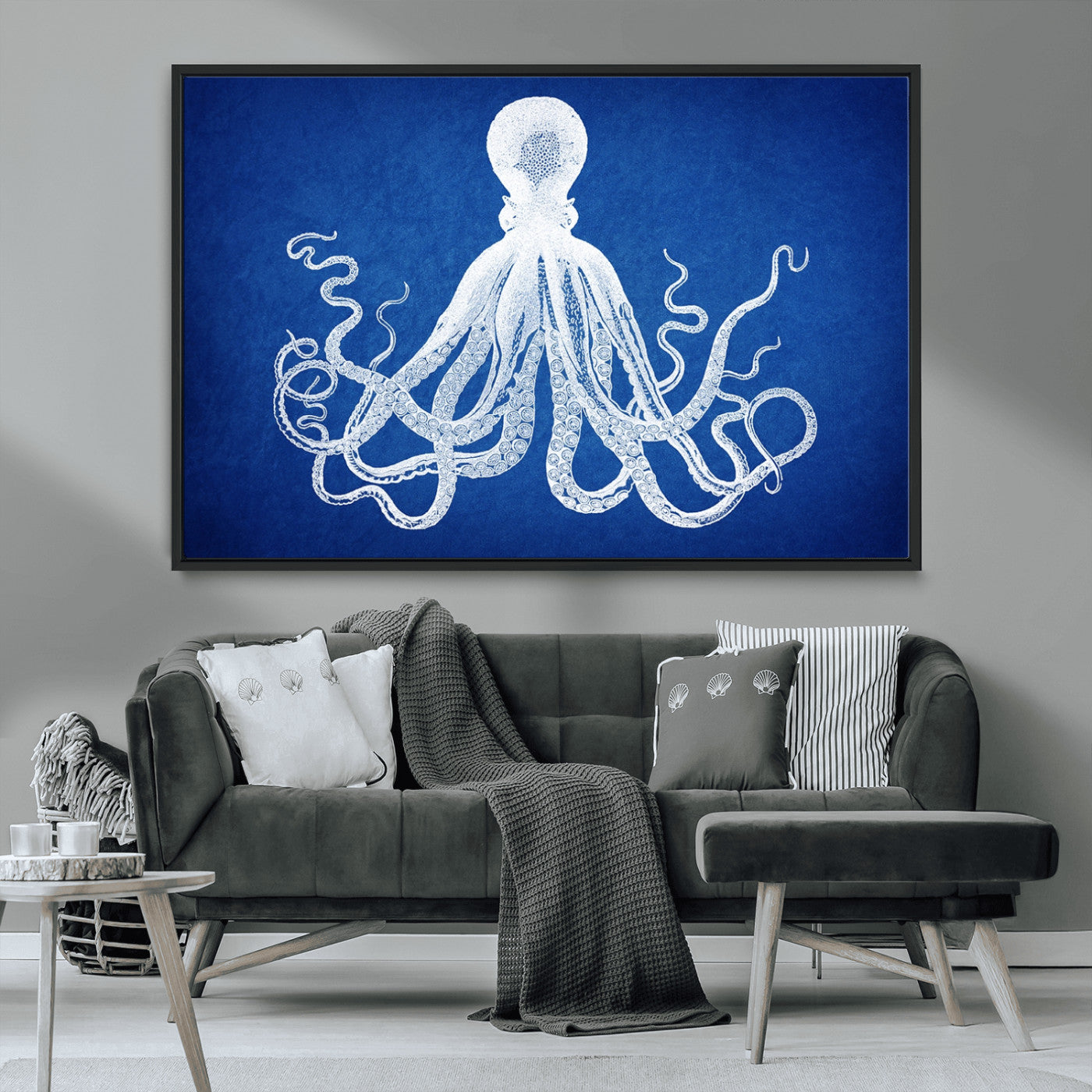 MGV-FC-36X24 - Large 3-Panel Blue Octopus Canvas Wall Art | Coastal Marine Life Artwork for Living Room, Bedroom,