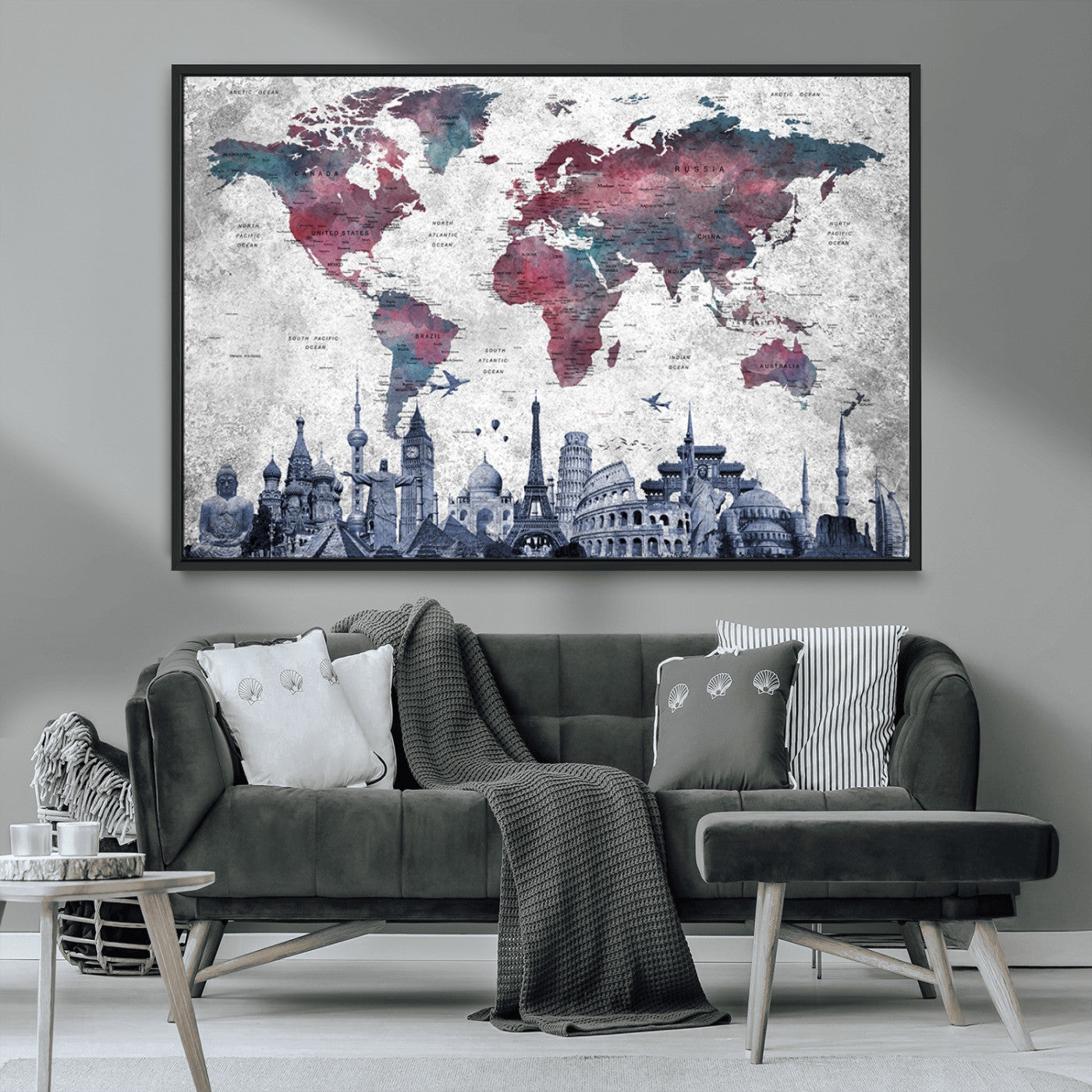 MGV-FC-36X24 - Push Pin World Map Canvas Print – Framed Wall Art for Couples to Track Their Travels – Anniversary
