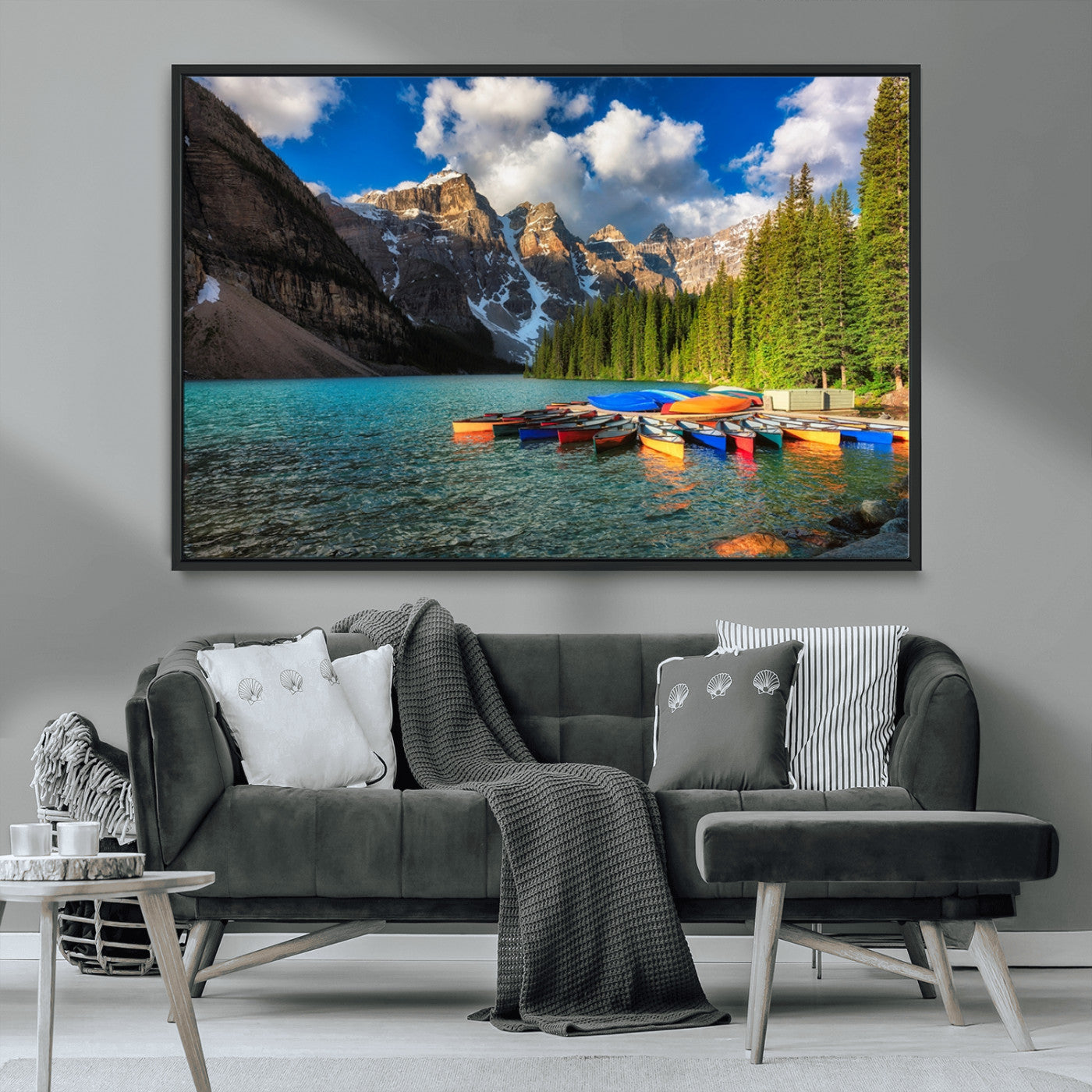 MGV-FC-36X24 - Moraine Lake 3-Panel Wall Art, Majestic Mountain and Lake Landscape Canvas Print Canoes on Moraine