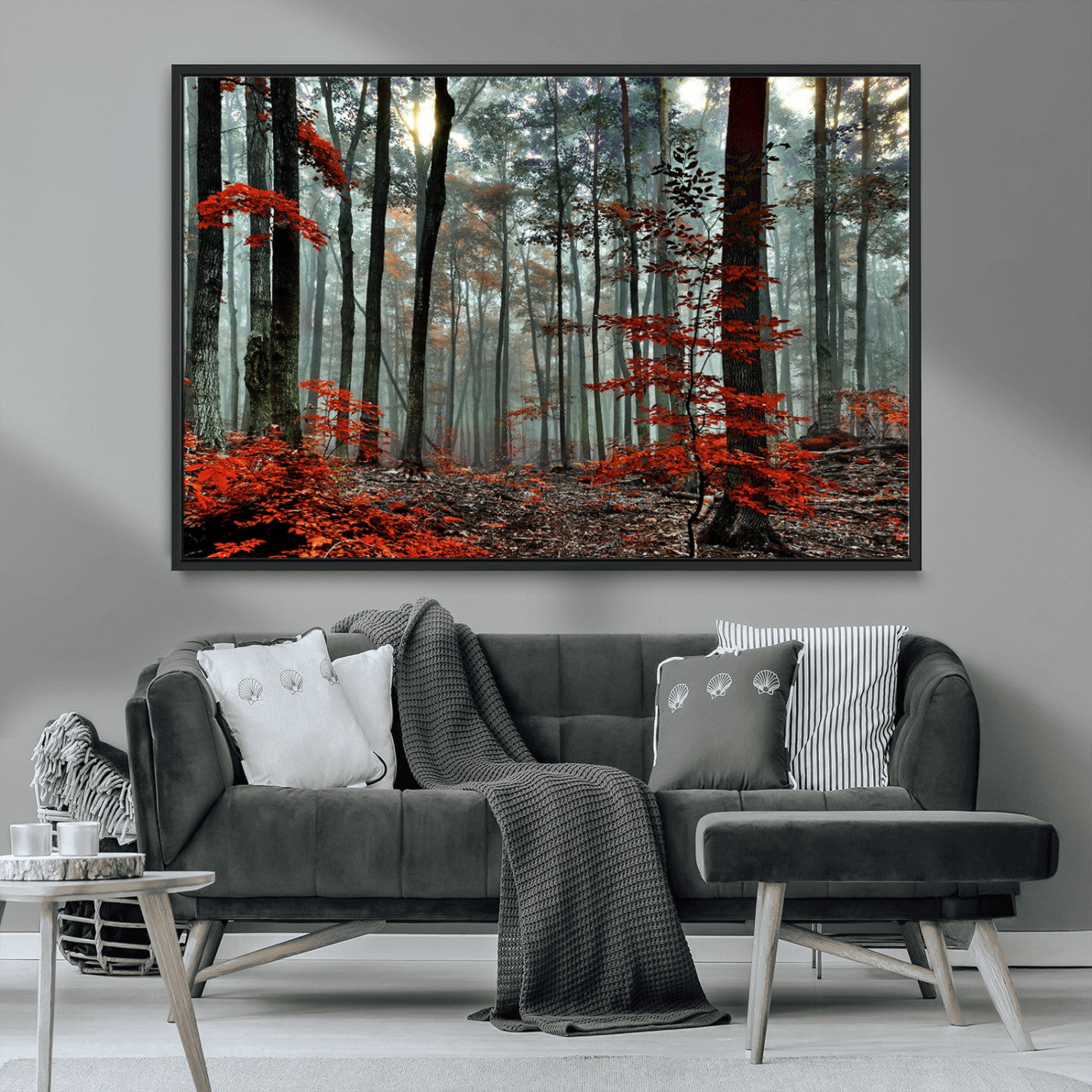 MGV-FC-36X24 - Autumn Forest Canvas Wall Art – Enchanting Red Leaves Triptych Print – Nature-Inspired Decor for