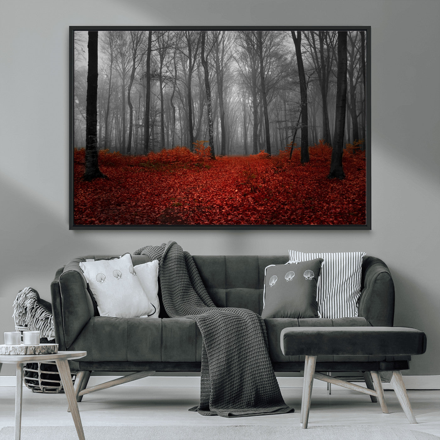 MGV-FC-36X24 - Red Forest Floor Canvas Wall Art – Mystical Foggy Woodland Triptych – Nature-Inspired Decor for
