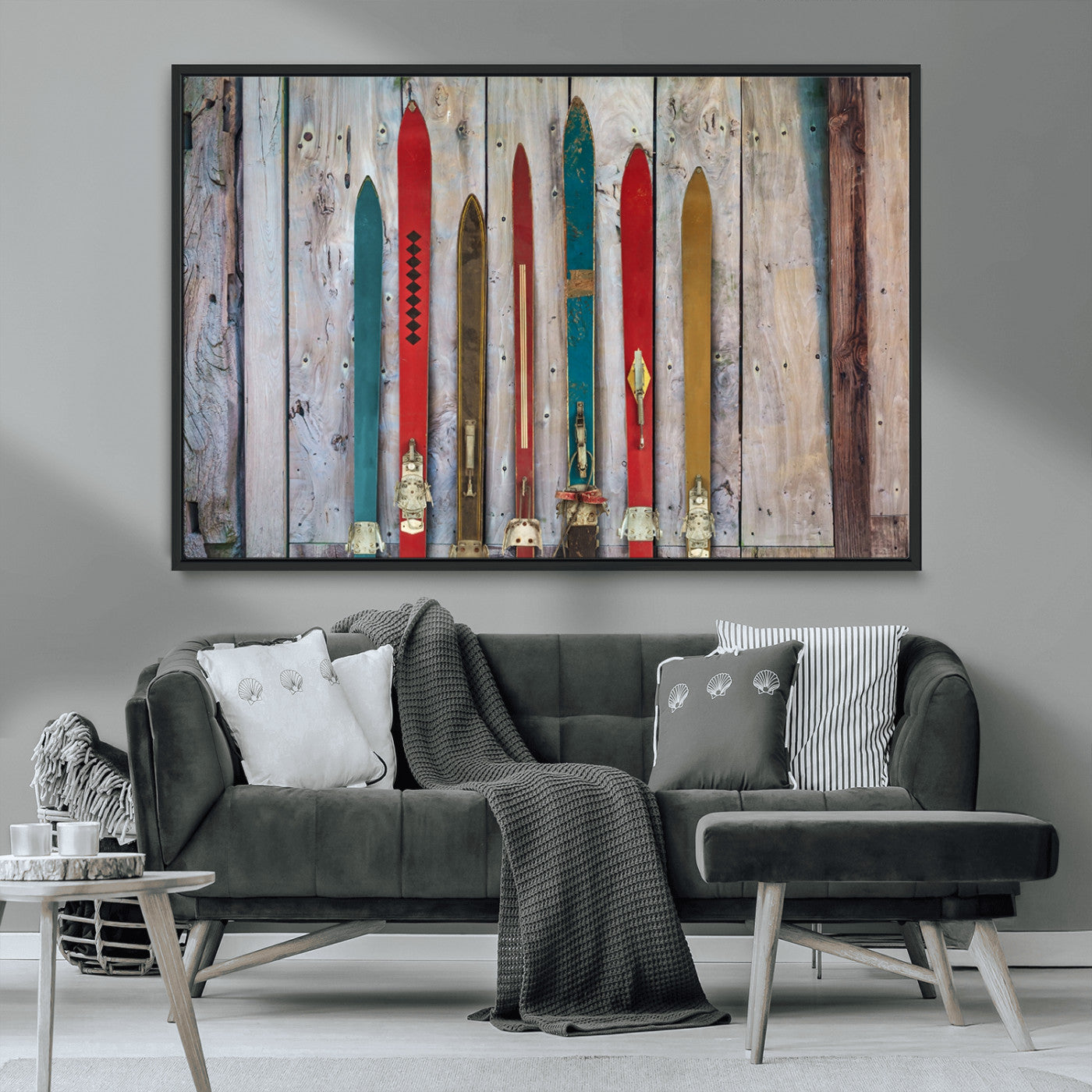 MGV-FC-36X24 - Vintage Wooden Weathered Ski's in Front of an Old Barn Wall Art Canvas Print for Farmhouse, Cabin