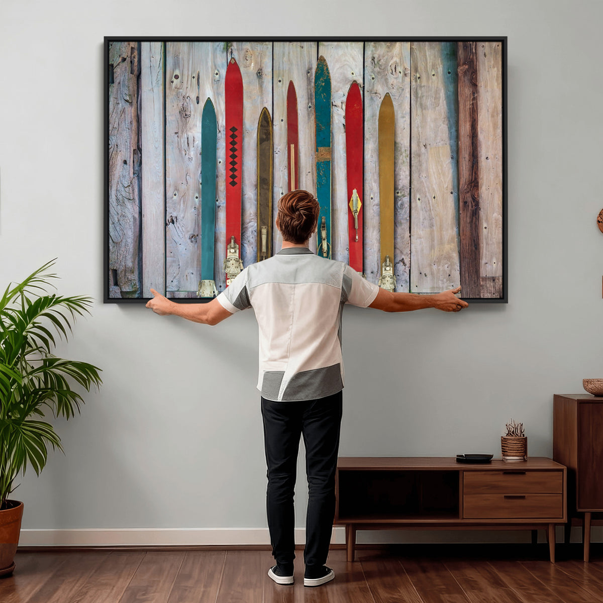 30640-MGV-CV-36X24 - Vintage Wooden Weathered Skis in Front of an Old Barn Wall Art Canvas Print