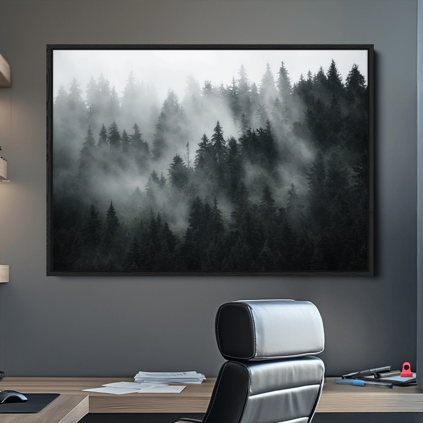 52359-MGV-CV-36X24-Foggy Forest Wall Art Canvas Print | 3 Panel Large Misty Landscape for Dining Room, Office, or Living Room | Ready to Hang Nature Deco