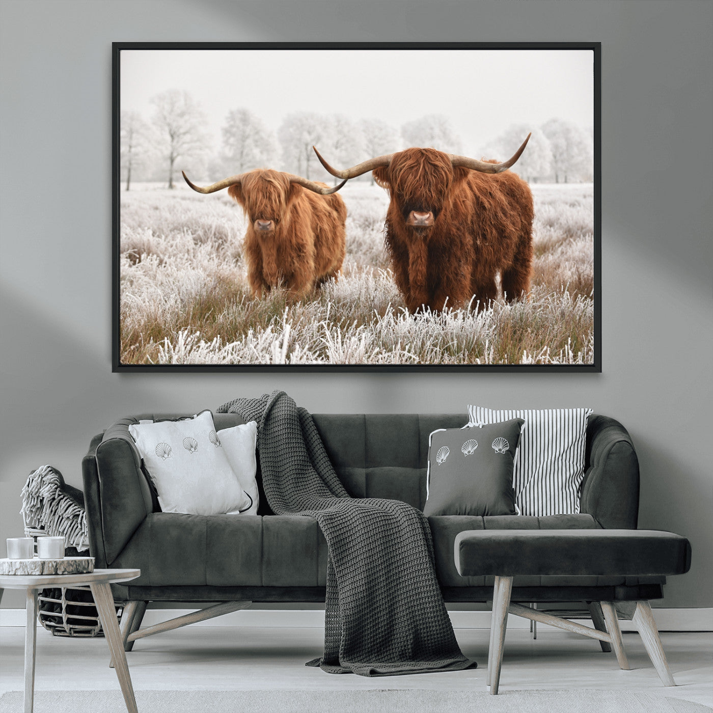 MGV-FC-36X24 - Longhorn Cattle Wall Art Canvas Print, Framed Farmhouse Style Art Picture Print, Rustic Cow Perfect Rustic Farmhouse Decor Artwork