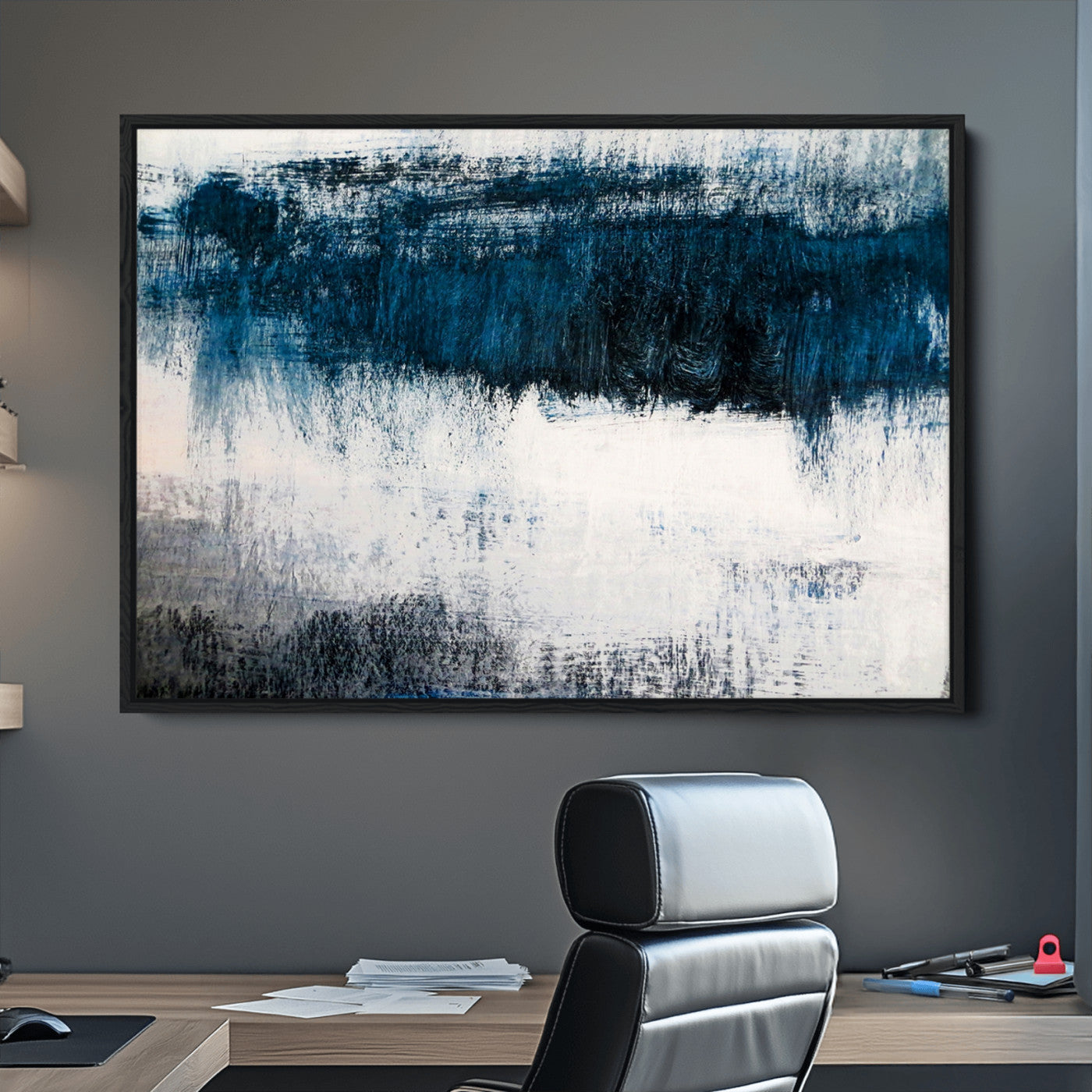 38954-MGV-CV-36X24-Abstract Blue and White Canvas Art | Large Wall Art for Modern Living Room Decor | Minimalist Brushstroke Painting on Canvas