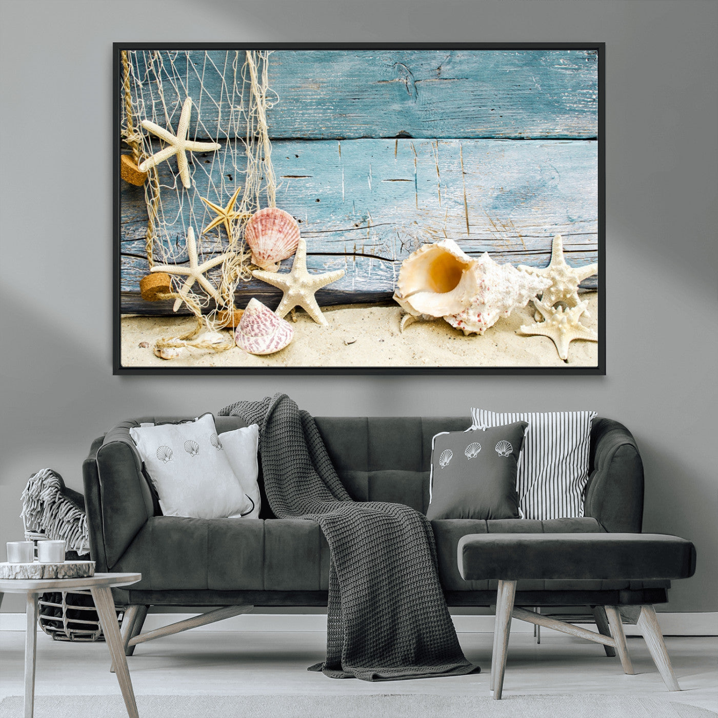 MGV-FC-36X24 - Seashells on Rustic Wooden Background, Seashells Wall Art Canvas Print