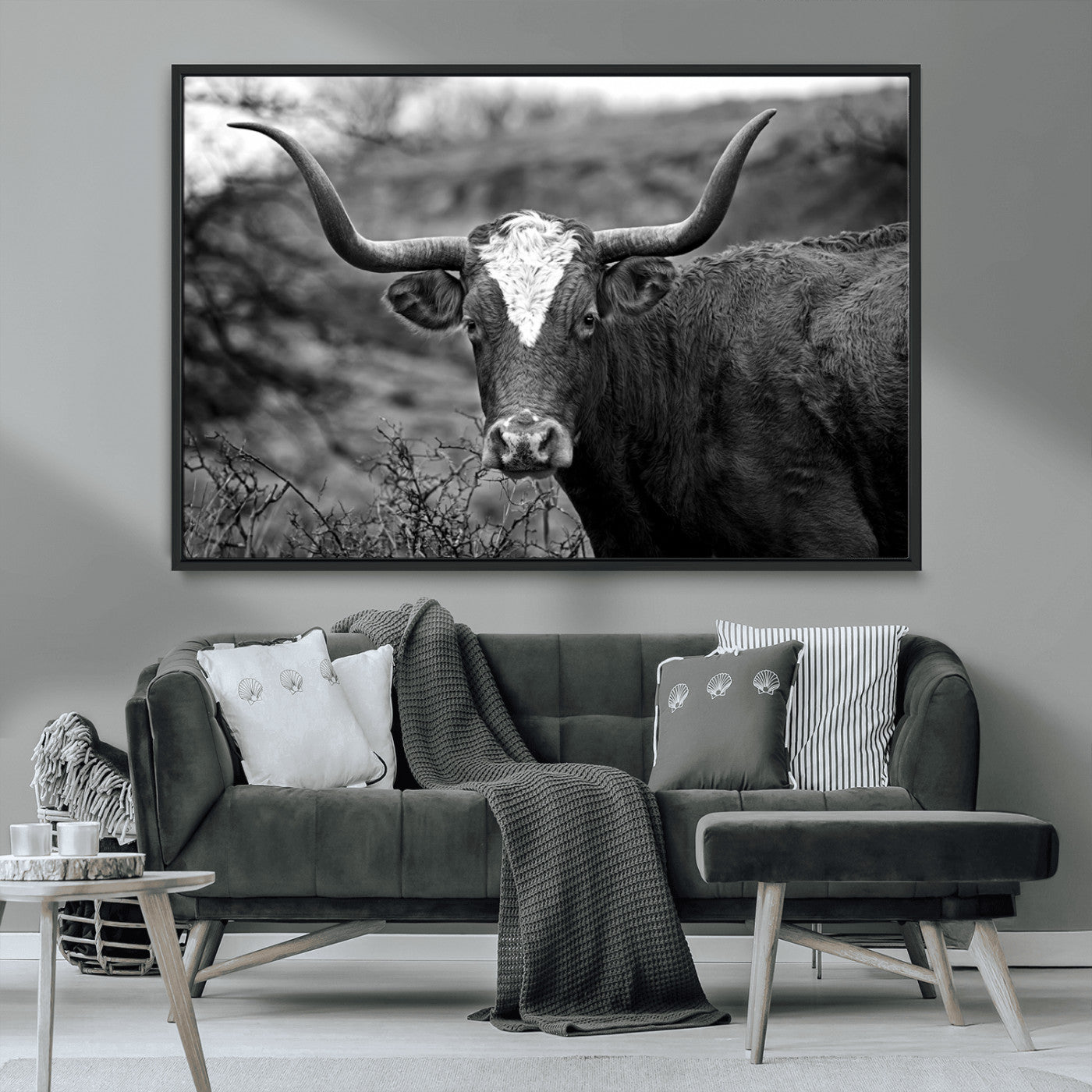 MGV-FC-36X24 - Western Home Wall Art Canvas Print, Framed Texas Longhorn Art Picture Print, Rustic Cow Perfect Rustic Farmhouse Decor Artwork