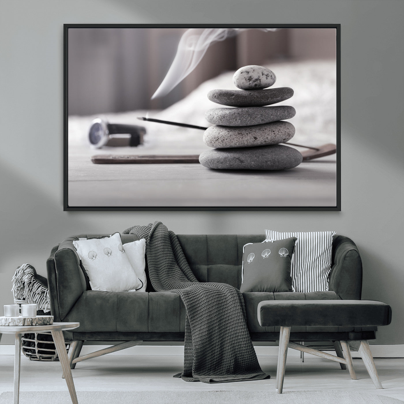 MGV-FC-36X24 - Burning Incense and Zen Stones Buddhism Wall Art, Zen Stones Wall Art Canvas Print