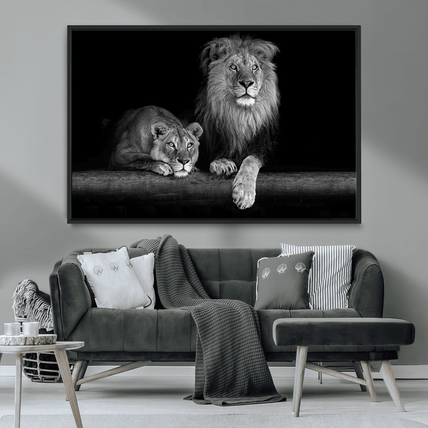 MGV-FC-36X24 - Large Black and White Lion Couple Wall Art Canvas Print