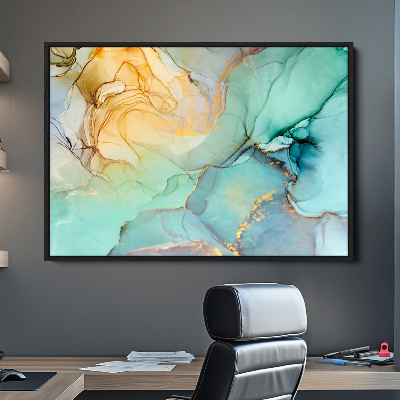 47242-MGV-CV-36X24-Green Marble Fluid Effect Wall Art Abstract Canvas Wall Art Print